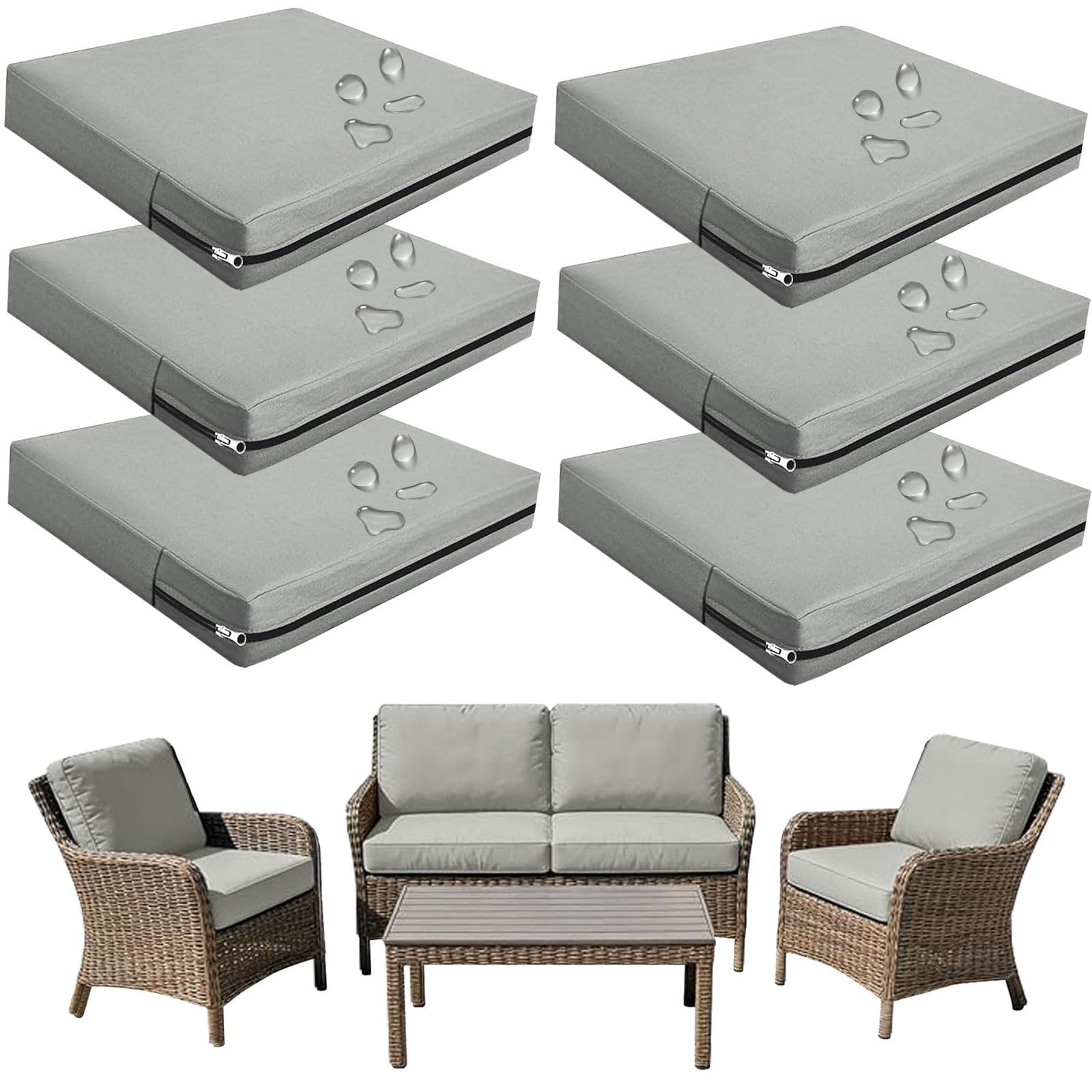 seokor Replacement Outdoor Cushion Covers Waterproof, 65x65 60x60 50x50cm set of 6/4/2/1 Garden Sofa Seat Cushion Slipcover With Zipper for Chairs, Patio and Rattan furniture(Color1,50x45x10cm(6pcs))