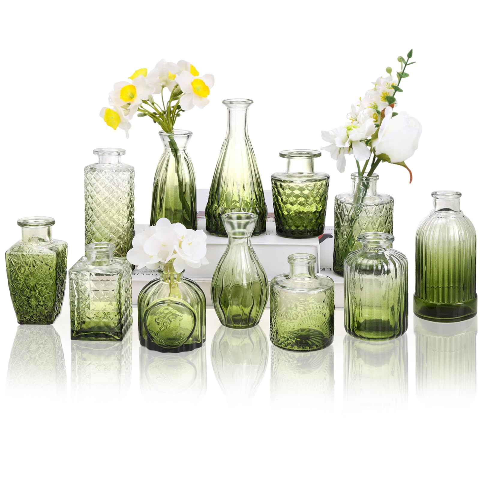CUCUMI 12 Pack Green Glass Bud Vase Set