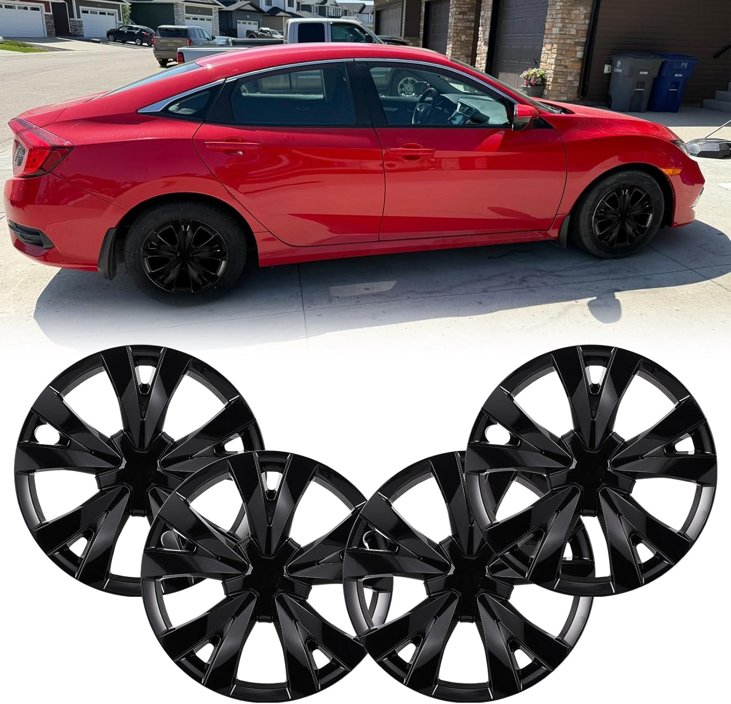 16inch Hubcaps Wheel Covers for 2016-2026 Honda Civic Sedan, ABS+PC Plastic Snap-on Hubcap Replacement for 16-26 Civic Sedan 16'' Glossy Black Set of 4 OEM# 42700-TBA-A12