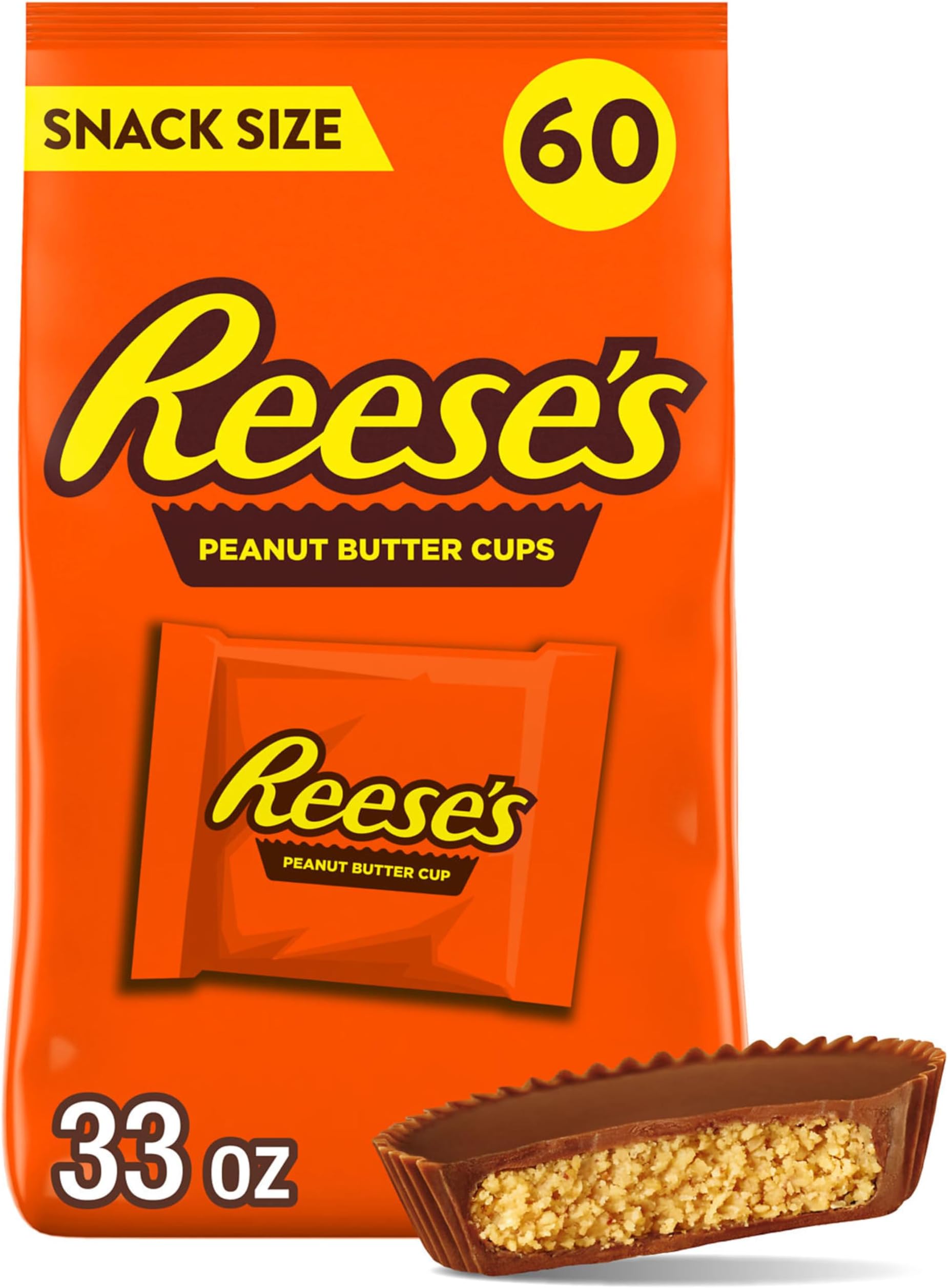 REESE'S Milk Chocolate Peanut Butter Snack Size Cups, Candy Bag, 33 oz (60 Pieces)