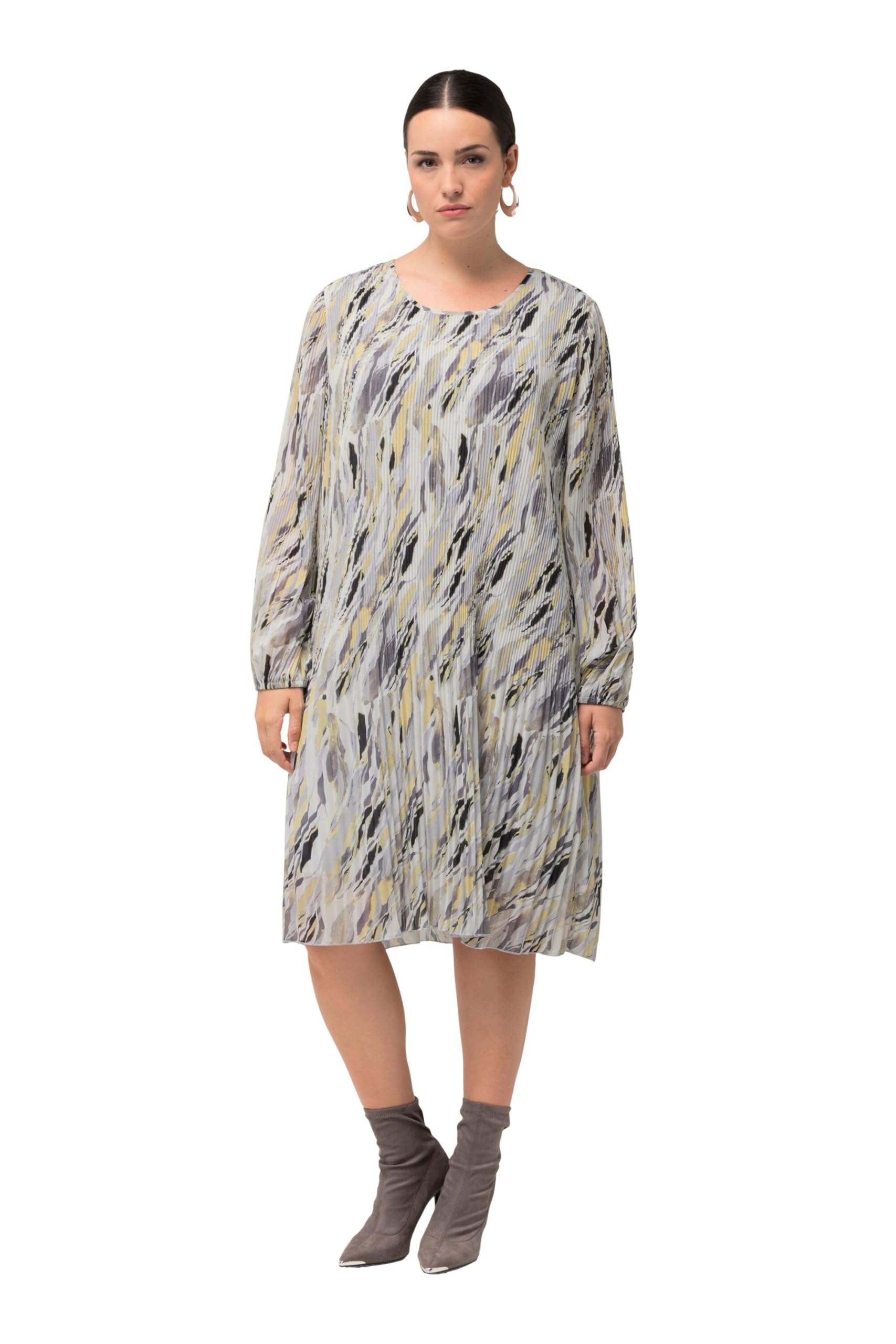 Ulla Popken Damen große Größen Übergrößen Plus Size Plissee-Kleid, Marmordruck, Godetfalten, Rundhals, Langarm 822794