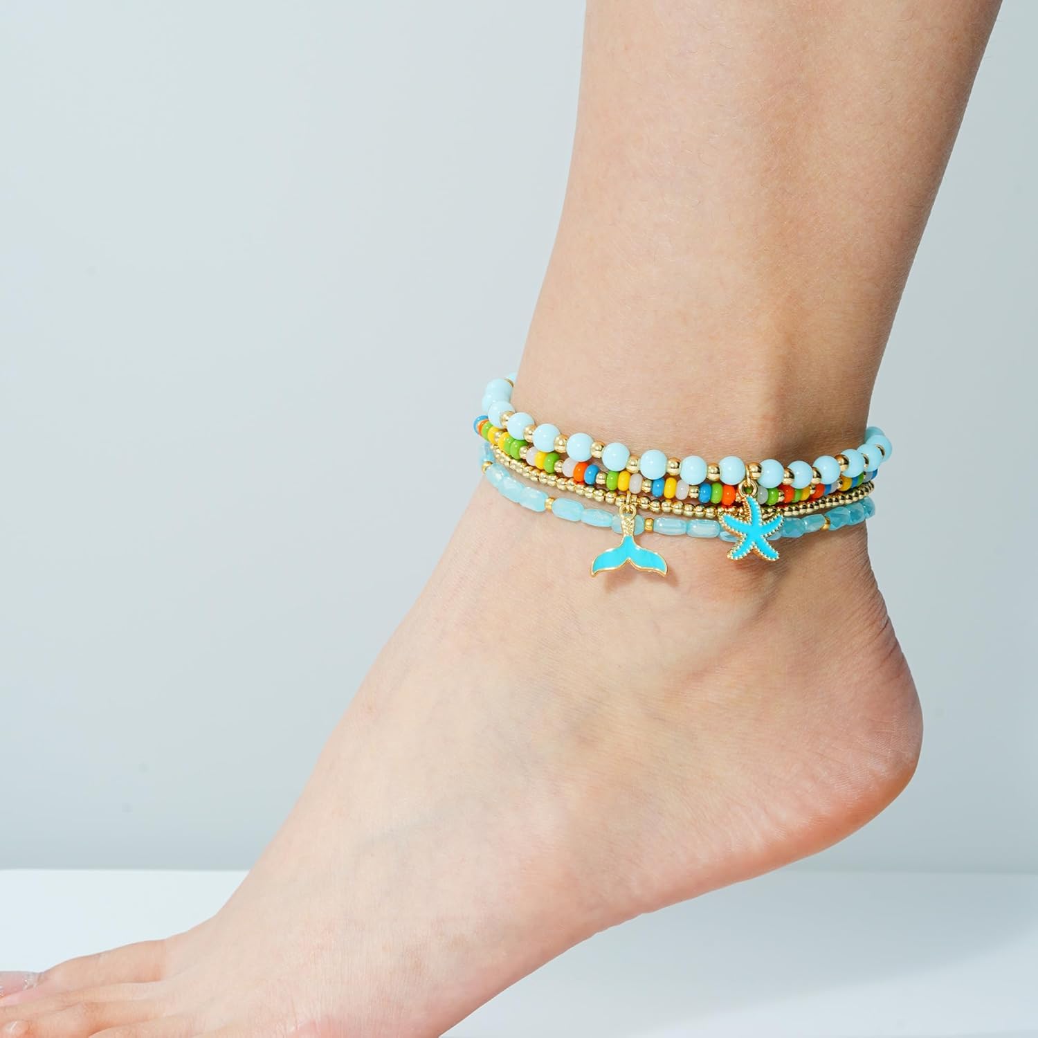 Shell Anklet Bracelets for Women 14K Gold Plating Boho Bead Anklet Adjustable Womens Anklets Stretch Summer Beach Shell Drawstring Starfish Daisy Anklets Accessories Jewelry Gifts - Image 4