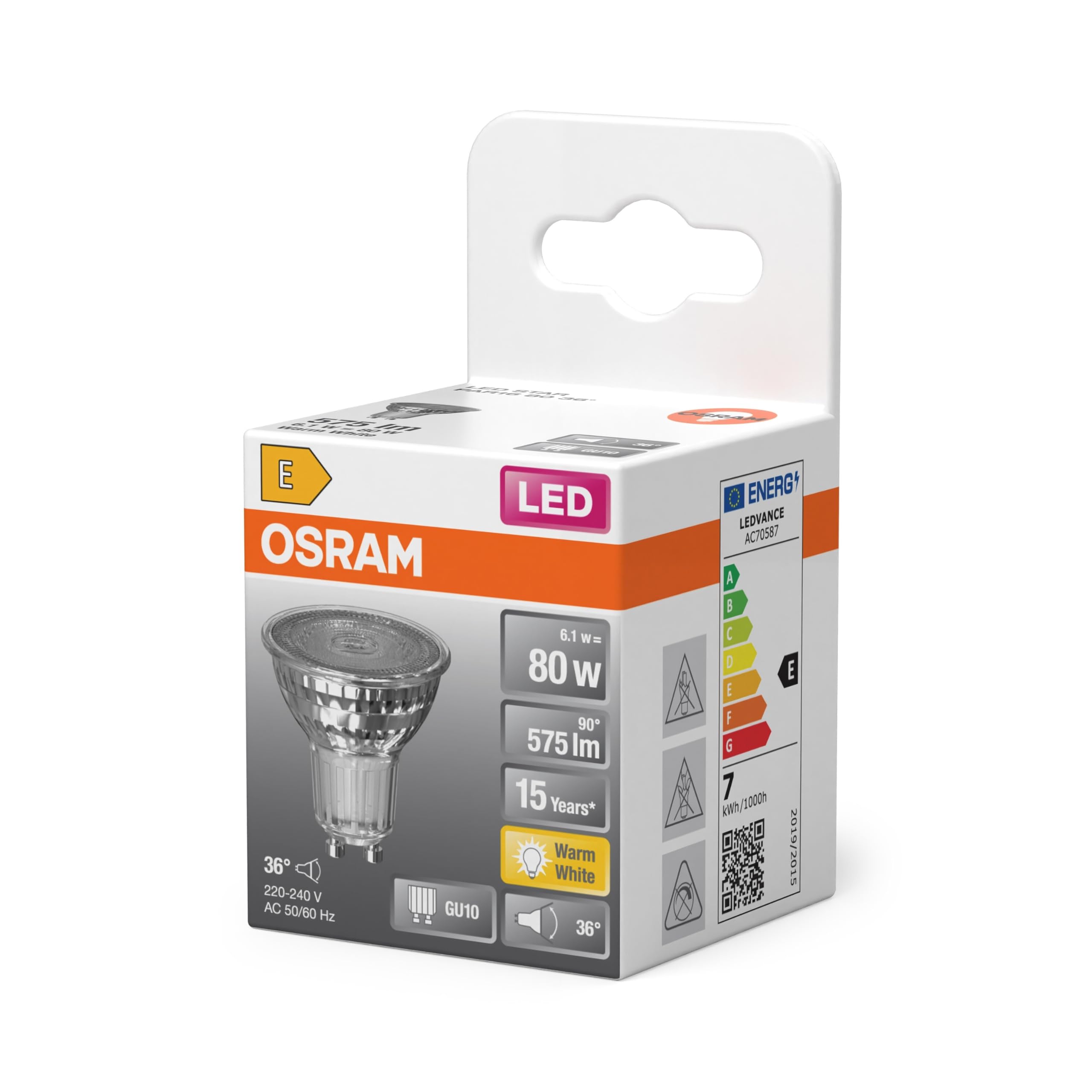 Osram LED-Spot Reflektor Star PAR16 80,2700 K warmweiß, 6,1 W, GU10, 36°, 575 lm, 15.000h, für Spotbeleuchtung, Akzentlicht, Geschäfte, Gastronomie | LED Star PAR16 80 36°, Reflektor, klar, 50 mm Durchmesser, 15.000 h, 6 Stück