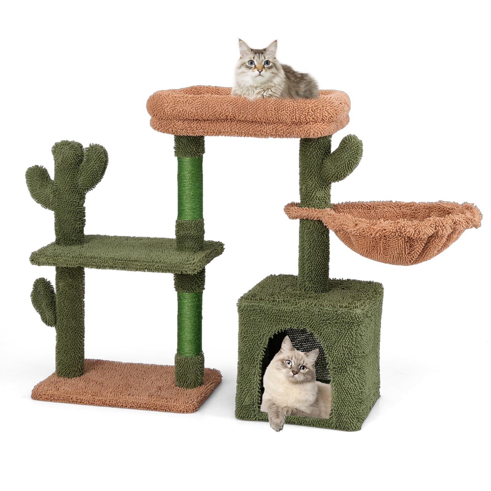 COSTWAY Tiragraffi per Gatti Moderno, Torre per Gatti Estetica a Forma di Cactus con Ripiano, Condo, Amaca, Posti per Graffi in Sisal e Cuscino Lavabile, Albero per Gatti Adulti e Cuccioli