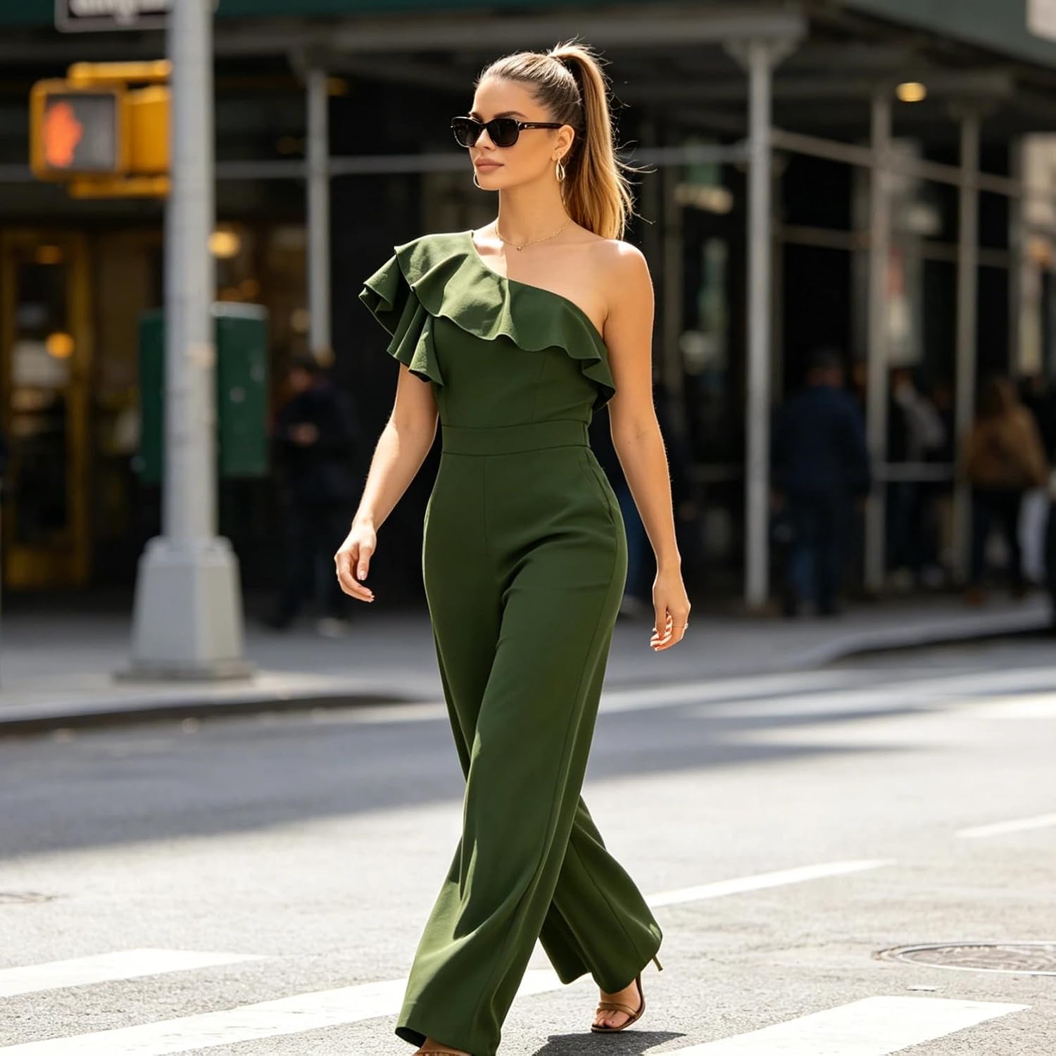 Womens Jumpsuits Casual Off Shoulder Ruffle Sleeve One Piece Outfits Stretchy Business Romper