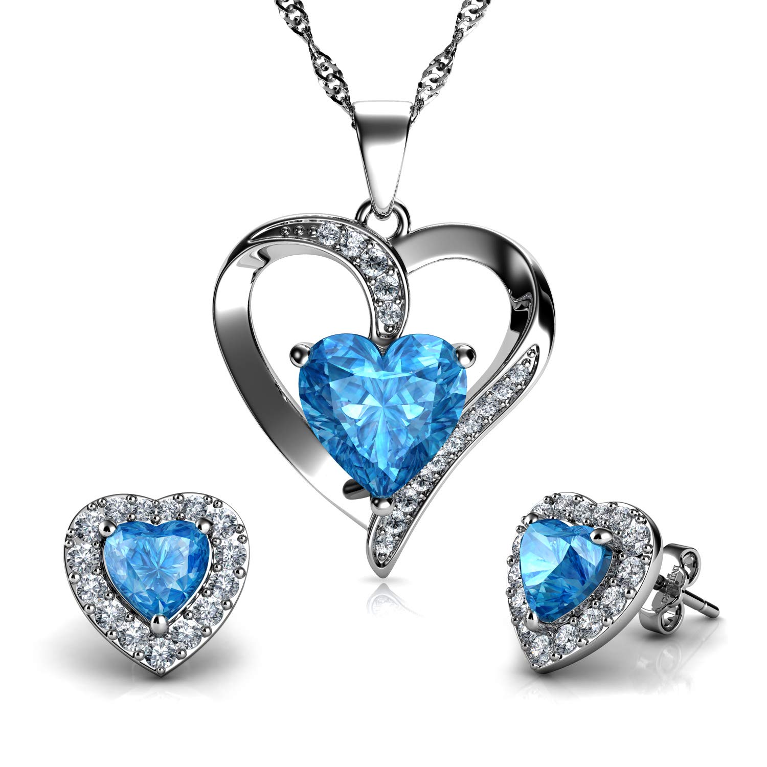 DEPHINI Juego de collar y pendientes de corazón - Plata de ley 925 - Piedra natal - Pendientes y pendientes de cristal azul - Juego de joyería fina para mujer - circonita cúbica