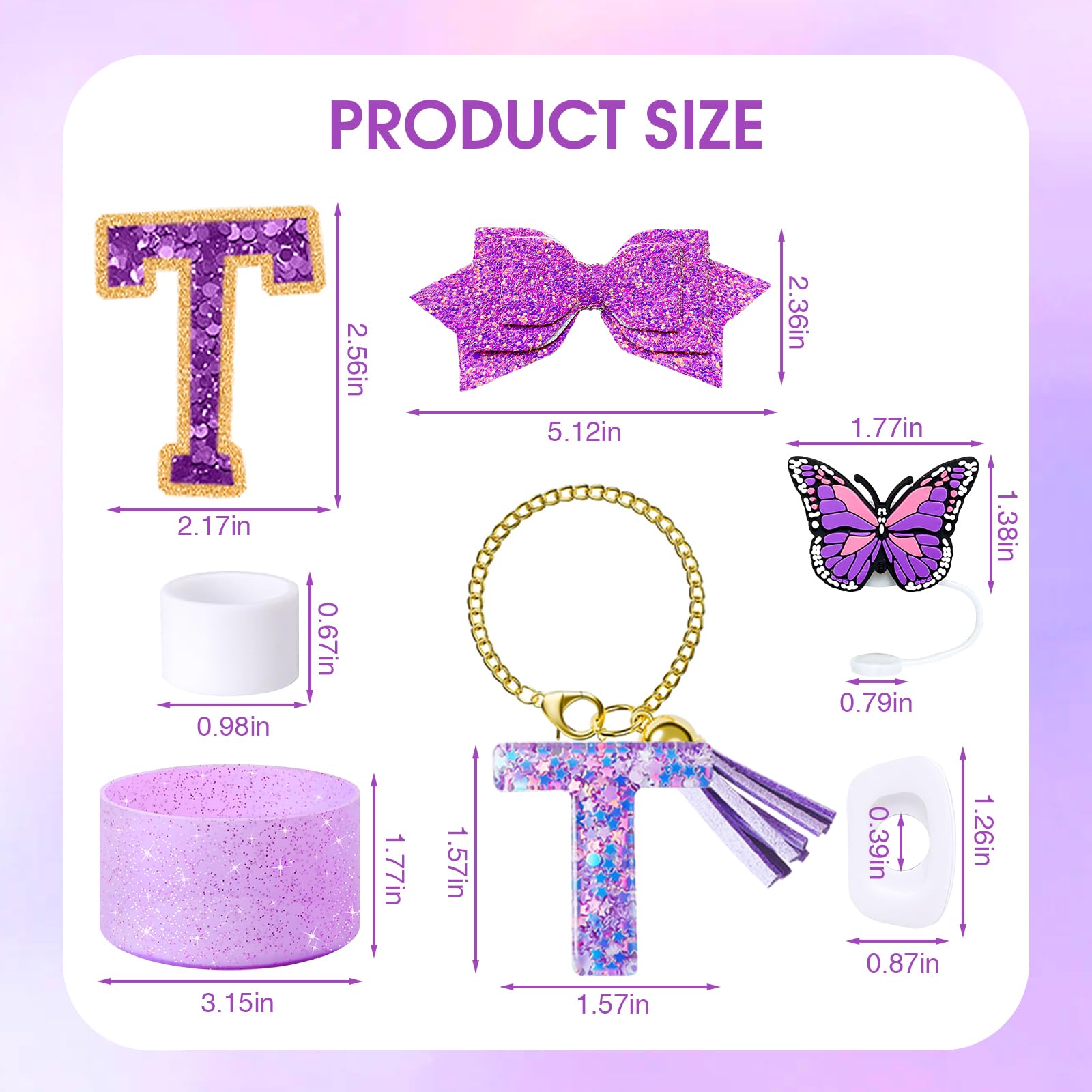 7Pcs Purple Stanley Cup Accessories Set for Stanley Cup 30&40 Oz Tumbler - Silicone Straw Cover Cap and Boot, Letter Charm for Handle, Spill Proof Stopper, Bow straw Decoration, Initial Sticker(T)
