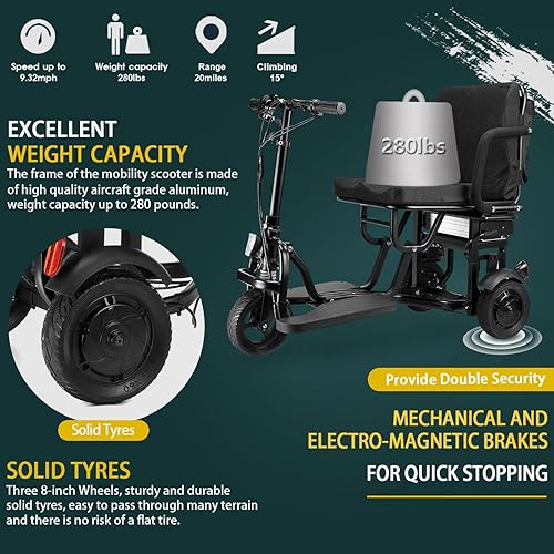 Miniatura 4 de WISGING Scooter Scooter eléctrico plegable de movilidad de 3 ruedas, ligero, portátil, para viajes, soporte sólido para neumáticos de 280 libras,