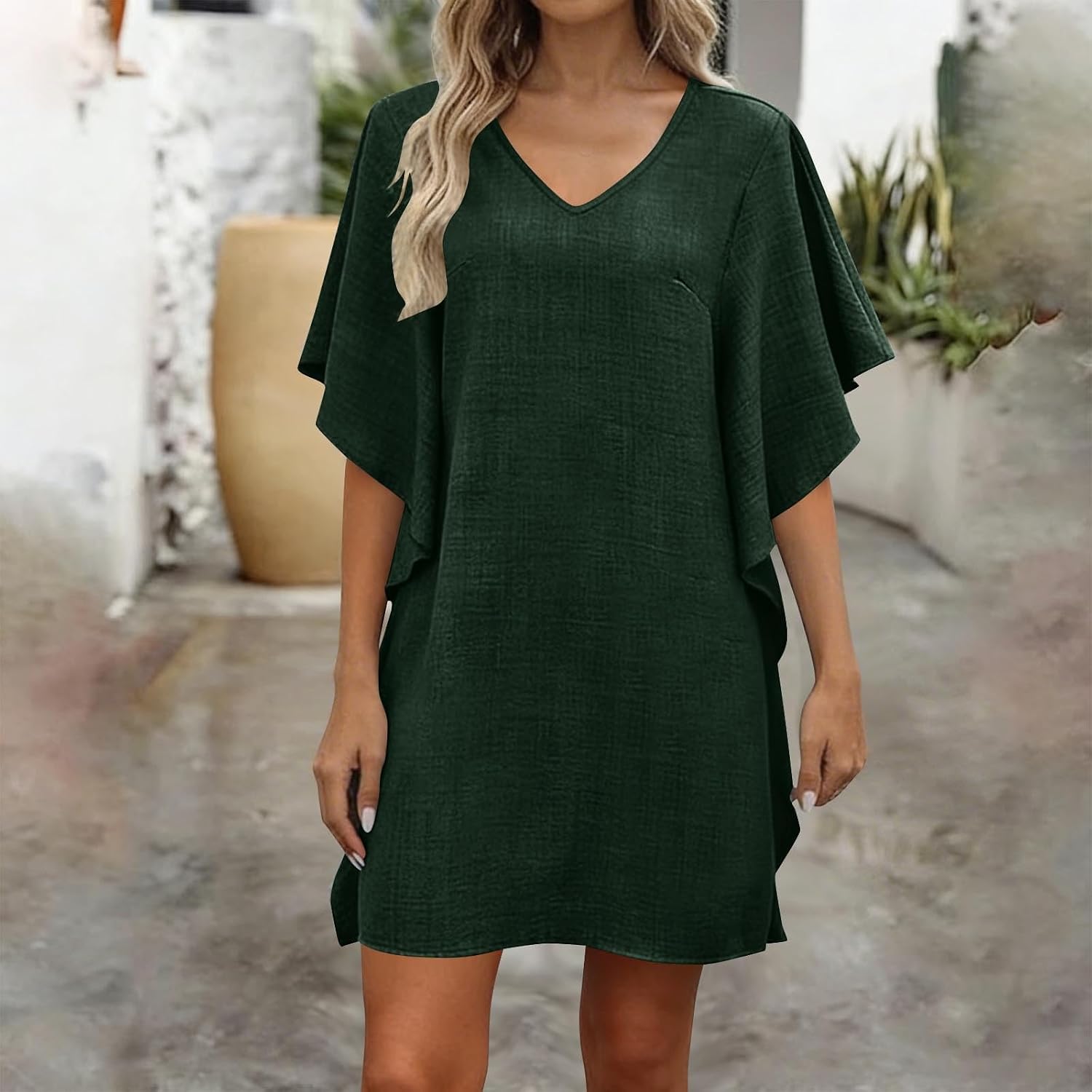 Womens Casual Dresses Summer Short Sleeve Batwing Sleeve V Neck Midi Dress Loose Fit Beach Vacation Sundress