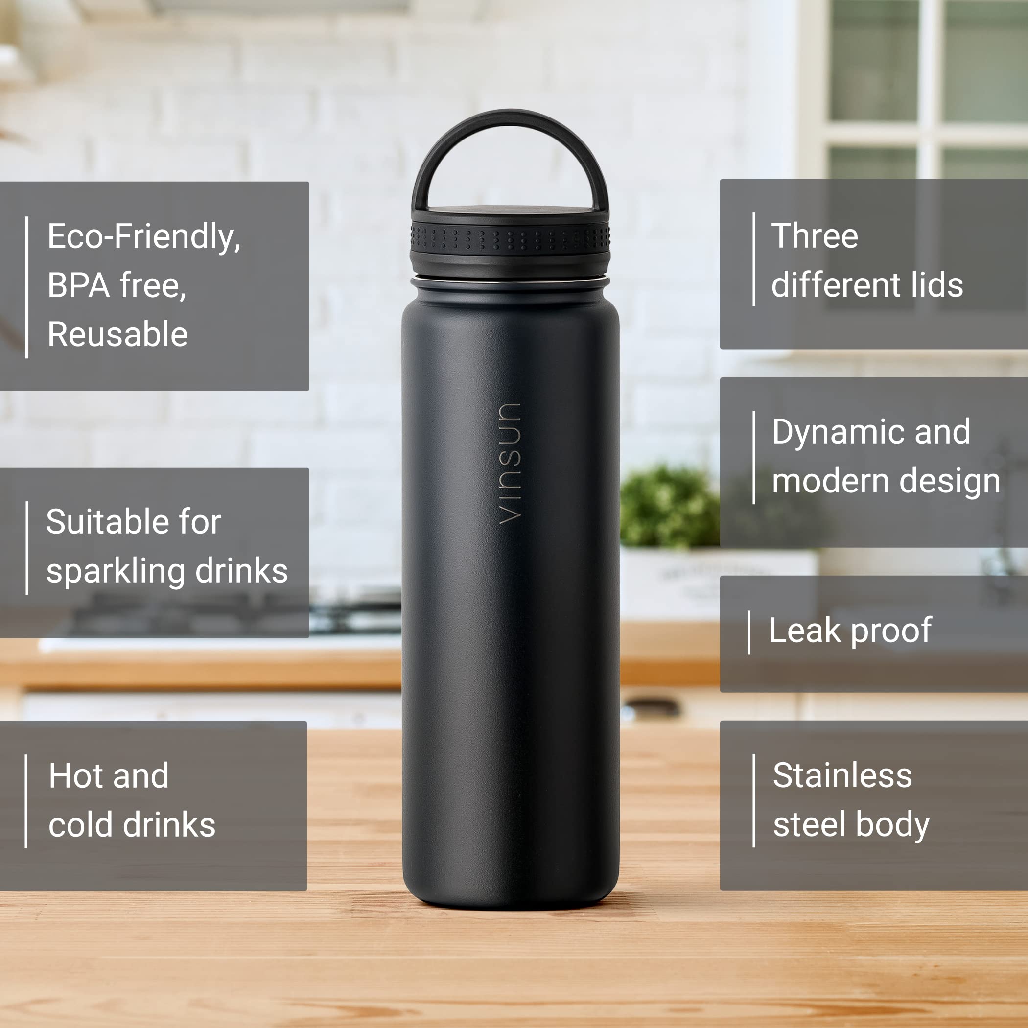 VINSUN Stainless Steel Water Bottle Black 1L, 3 Lids, Leakproof, Carbonic Acid Suitable, BPA Free - Image 2