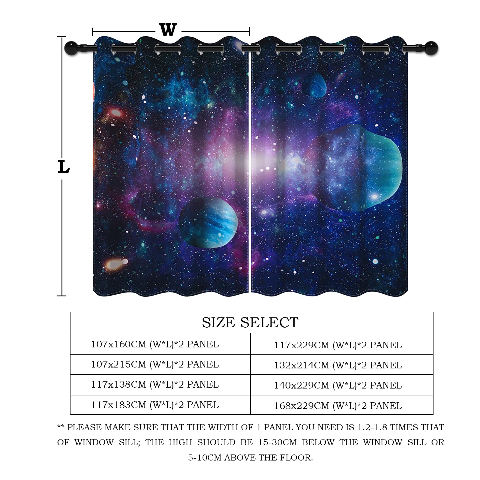 YongFoto 117x183cm Rideaux Occultants pour Chambre Garçon - Planète Énorme Point Lumineux Fantaisie Galaxie Espace - Salle de Jeux Salle de Théâtre Privée, 2 Panneaux