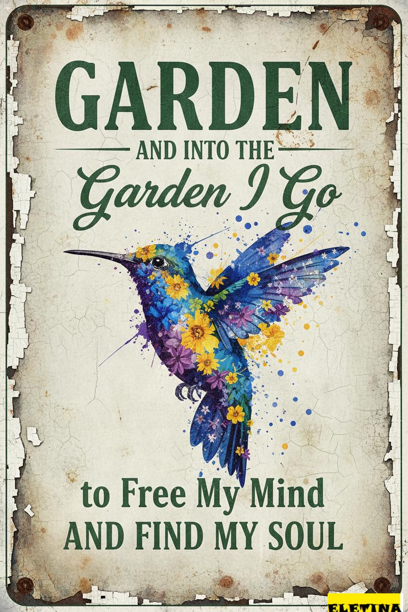 Vintage Metal Tin Sign for Man Cave Garden Decor Outside, Hummingbird Floral, Rustic Garden Wall Decor, Wall Art Porch Patio, 8x12 Inch Private Property Decorative