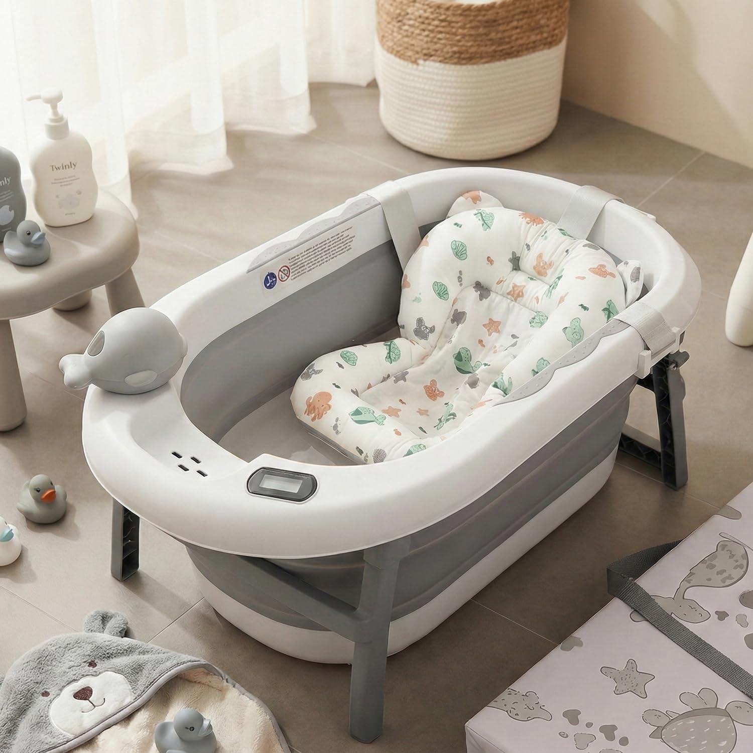 Twinly Bubbly – Bañera Cambiador Plegable para Bebé 2 en 1 – Altura Regulable Ergonómica, Bañera Extraíble para Playa y Viajes, Soporte Estable con Desagüe, Ideal para Baños Pequeños (Gris)