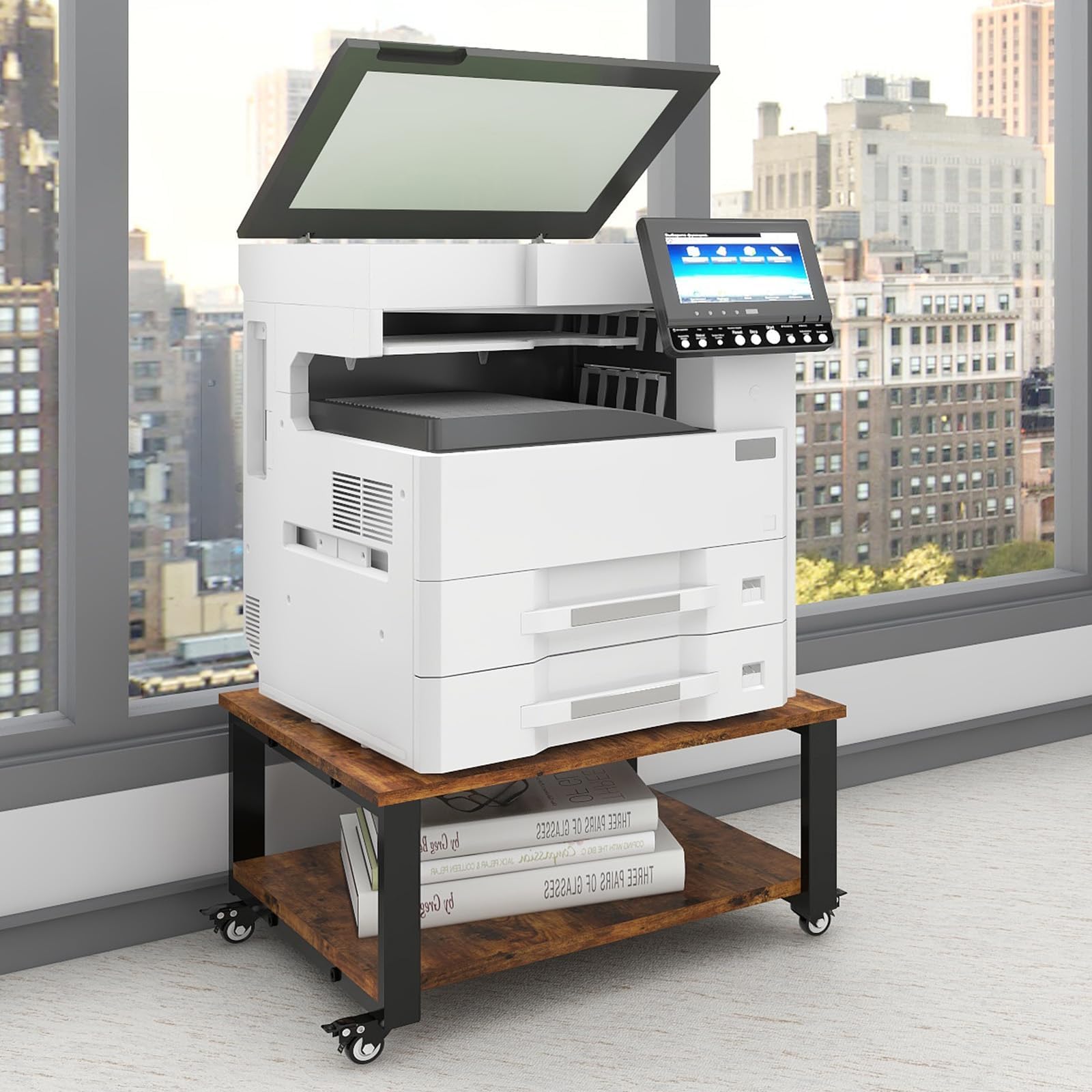 Natwind 2 Tier Laser Printer Stand,23.6''x23.6''x12.6'' Large Printer Table Copier Stand,Heavy Duty Rolling Printer Cart with Wheels for Home Office (Retro)