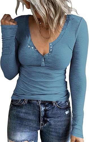 APOFER Women Long Sleeve Scoop Neck T-Shirts Slim Fit Snap Henley Shirts