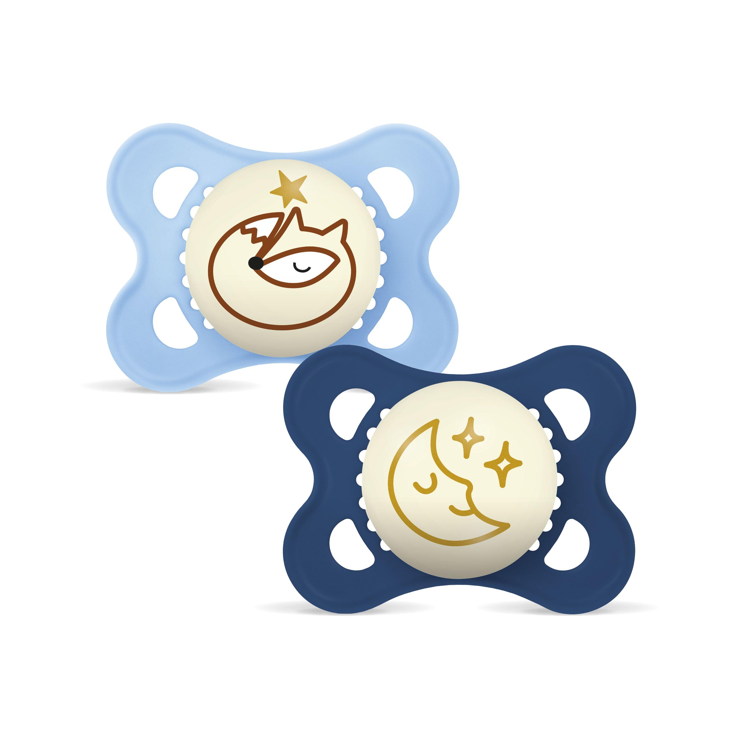 MAM Original Night Schnuller | 0-6 Monate | leuchtende Schnuller für Neugeborene | 94% Akzeptanz | stillfreundlich | Babyschnuller von Hebammen empfohlen | SkinSoft Silikon | Fuchs/Mond | 2 Stück