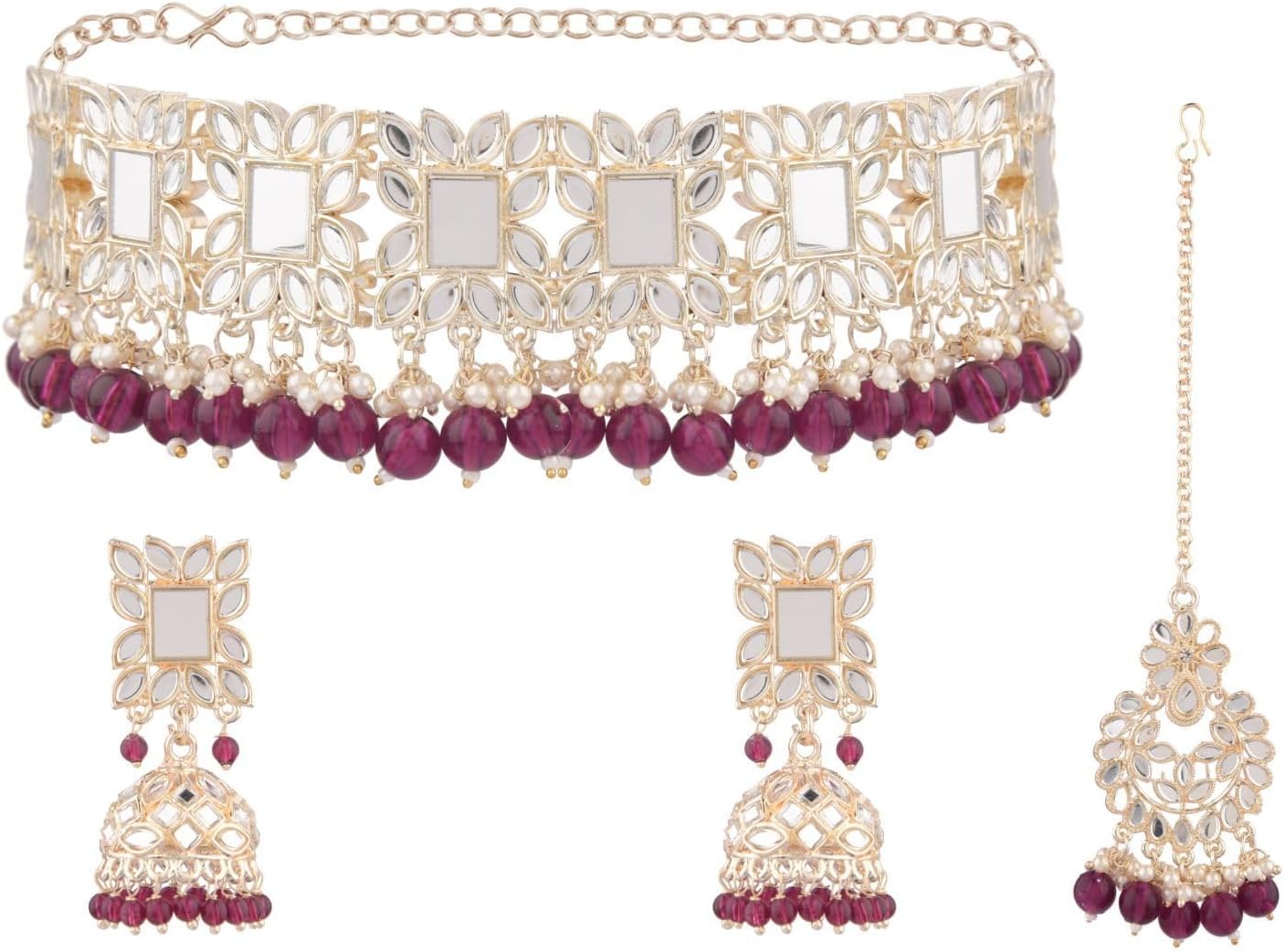Efulgenz Indian Bridal Jewelry Set – Faux Kundan Crystal Choker Necklace, Jhumka Earrings, Maang Tikka Head Chain – Bollywood Fashion Wedding Bridal Jewelry For Women
