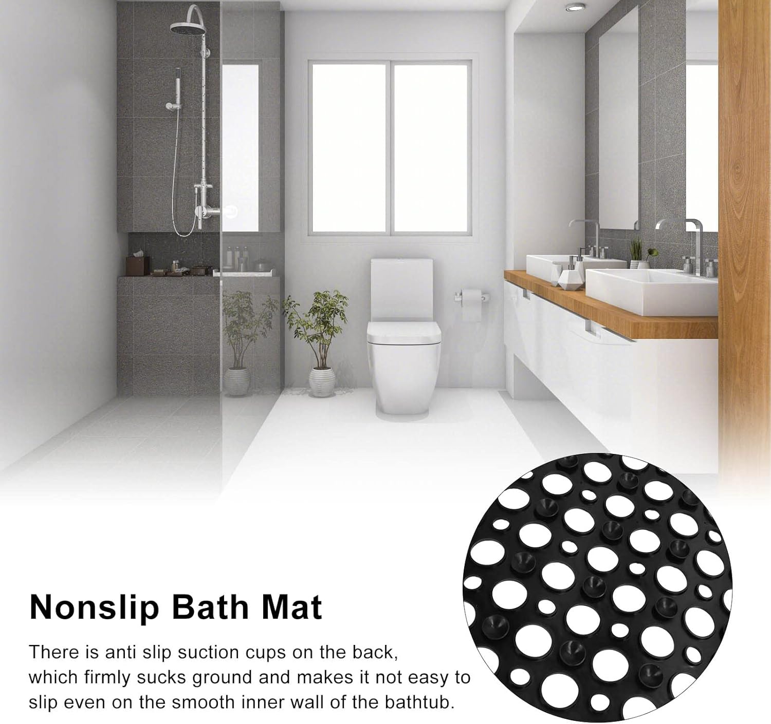 29 X 16 Inch Bathtub Shower Mat, Black Non Skid Bath Shower Floor Mat with Drainage Hole Bath Mats to Keep Floor Clean, Soft on Feet, Bathroom Accessories