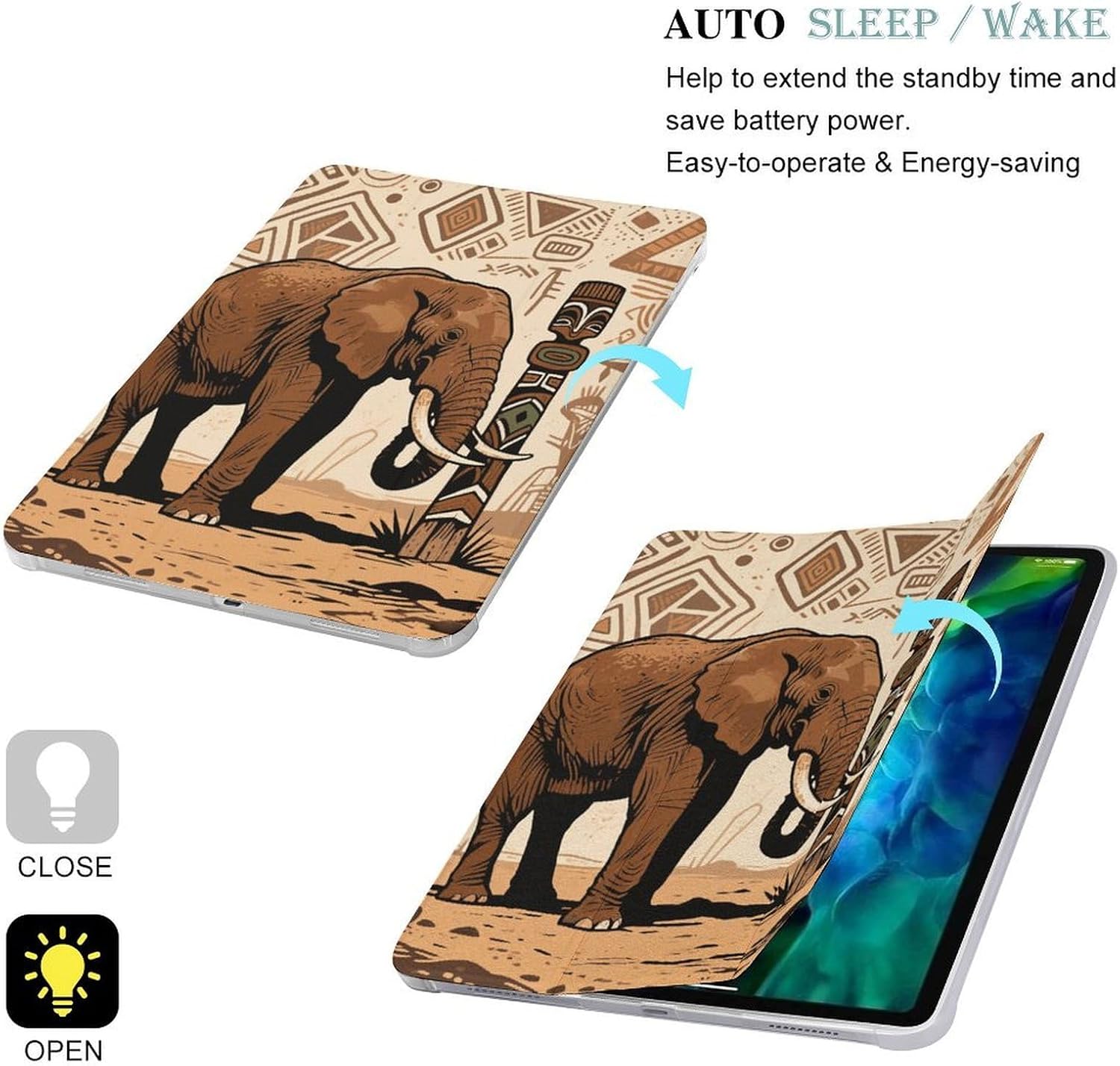 Primitive African Elephant 12.9 in Trifold for iPad Case with Pencil Holder image 3