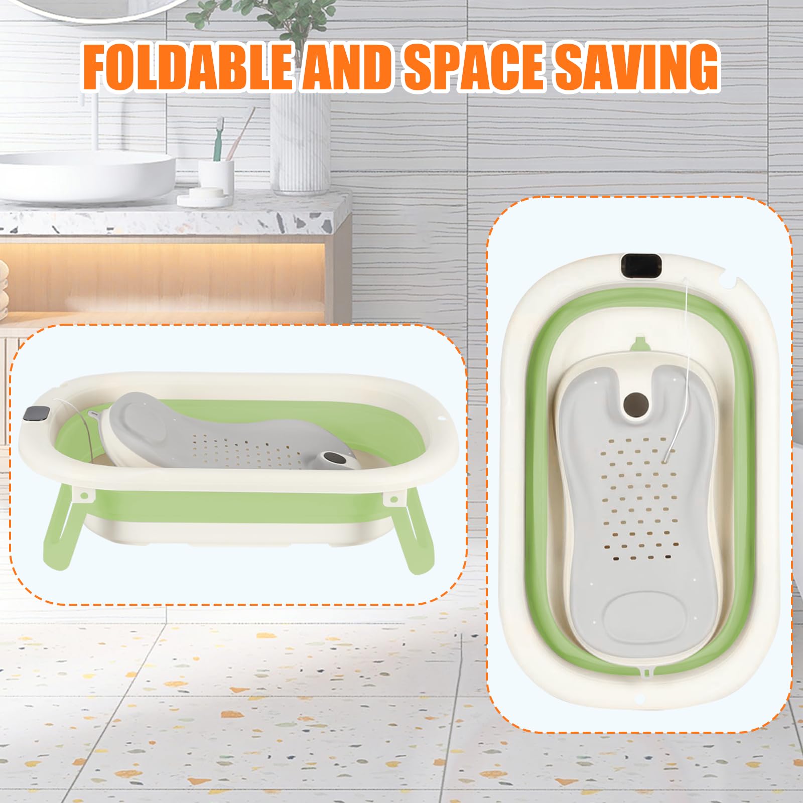 Baignoire Bébé Pliable avec Support Réglable – Bassine Nouveau-Né Pliable Antidérapante avec Thermomètre, Utilisation Facile à la Maison ou en Voyage（Vert）