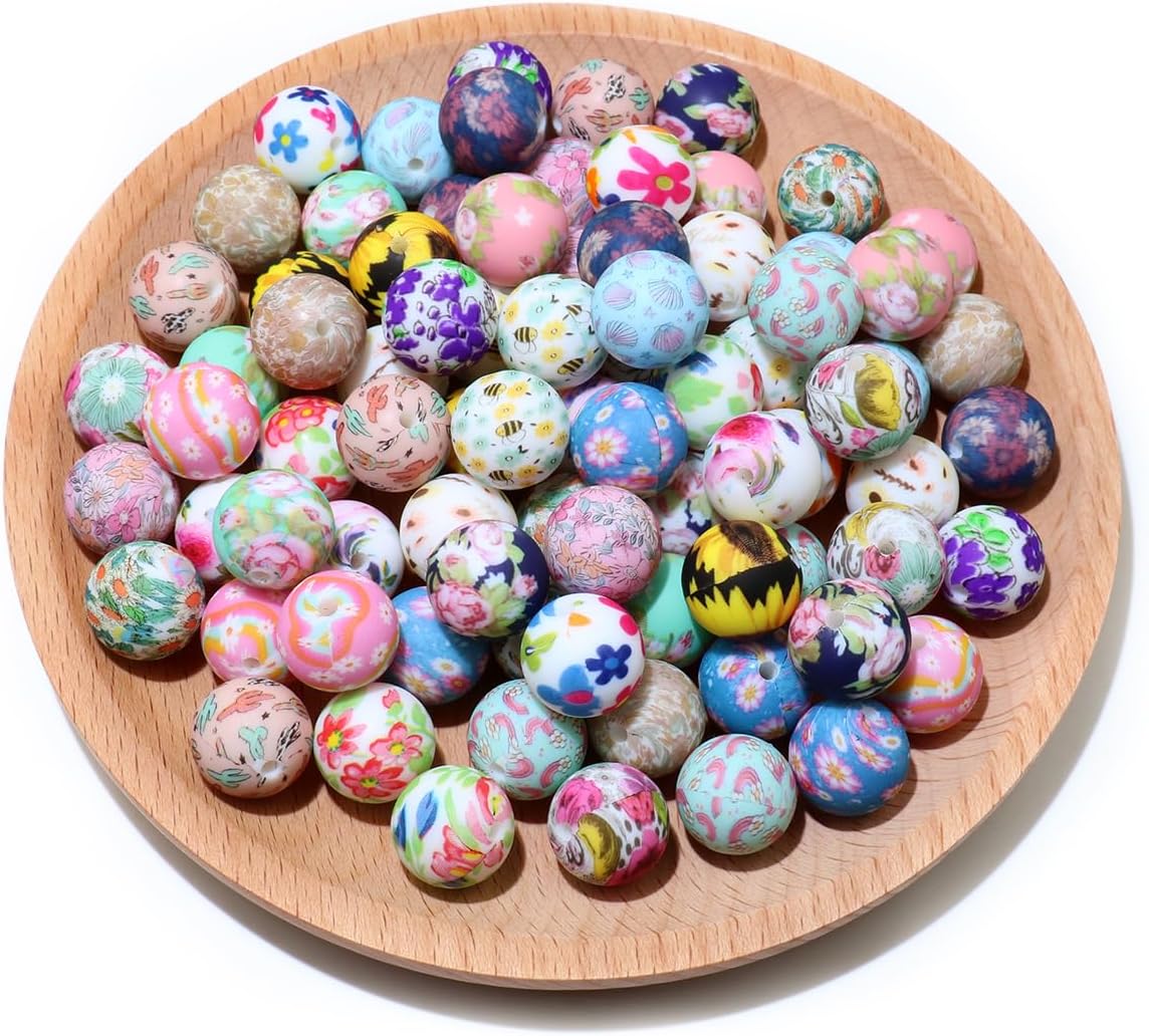 80Pcs 15mm Silicone Beads Bulk Flower Focal Silicone Beads for Keychain Making Necklace Jewelry DIY Bracelet Making Kit (Flower)