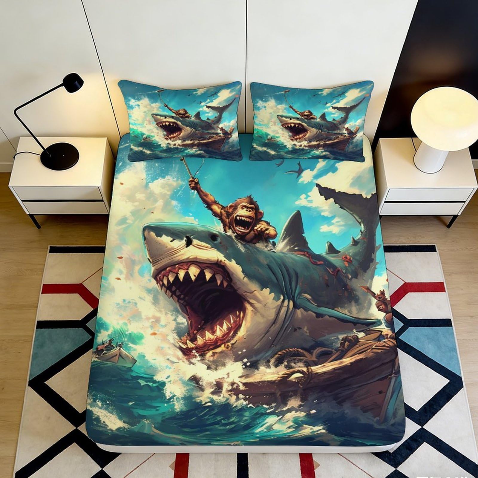 3D Printed Shark Ocean Fitted Sheet Microfiber Soft Durable Monkey Adventure Mattress Cover for Bedroom Guestroom Decor 90x200x25cm