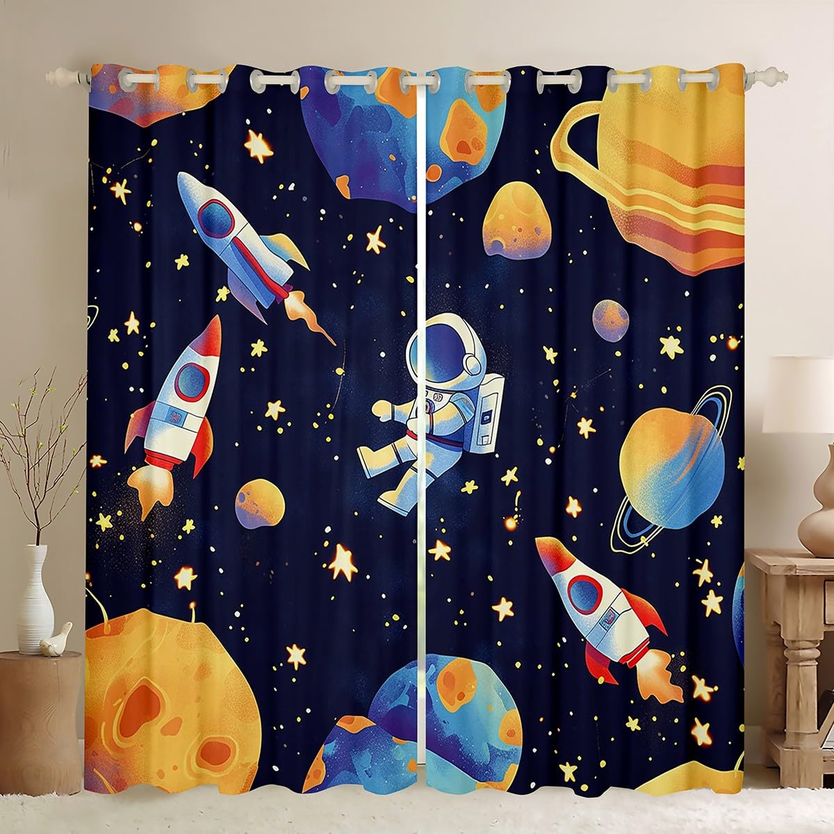 Homemissing Cosmonaut Spaceman Curtains (2 Panels,W52*L63) For Bedroom Kids Boys Teens Space Rocket Print Window Curtains Universe Planets 30%-50% Blackout Curtains Outer Space Window Treatments Decor