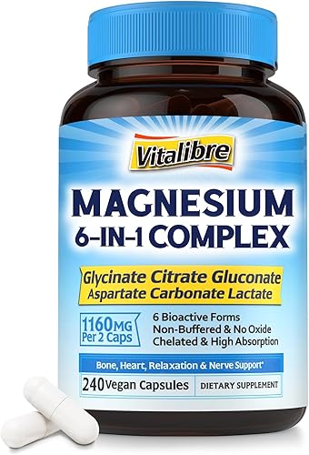 Suplemento complejo de magnesio 6 en 1, 1160 mg de magnesio quelatado para una máxima absorción, ayuda con un mejor sueño, relajación y calma
