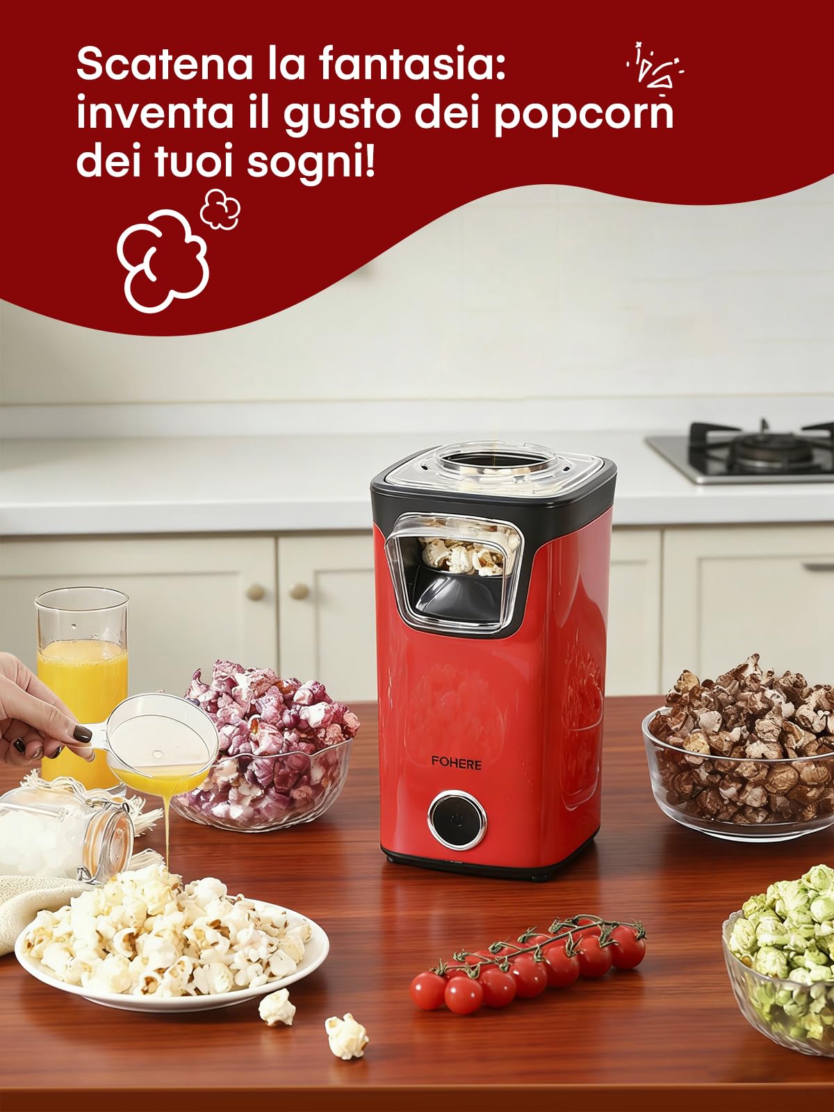 FOHERE Macchina Popcorn, 1100W Macchina per Pop Corn Dotato di Misurino e Coperchio Trasparente, Senza Grassi Né Oli, Gustoso e Salutare, Ideale per Serate Cinematografiche e il Natale