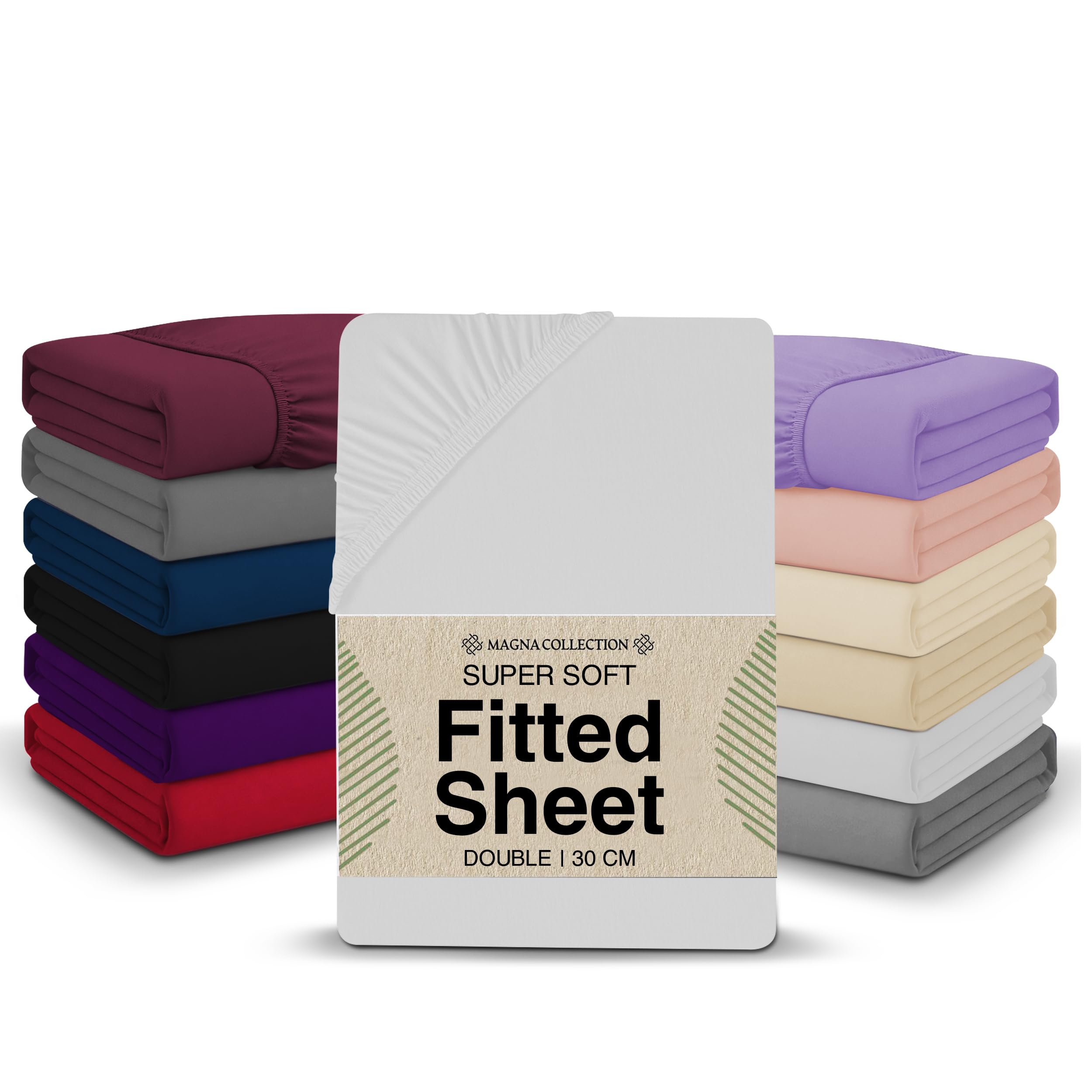 Double Fitted Sheet - 135 x 190cm with 30cm Deep Pocket, Soft Brushed Microfibre, Wrinkle-Free, Easy Care, Fade & Shrink Resistant by MAGNA COLLECTION (White, Double)
