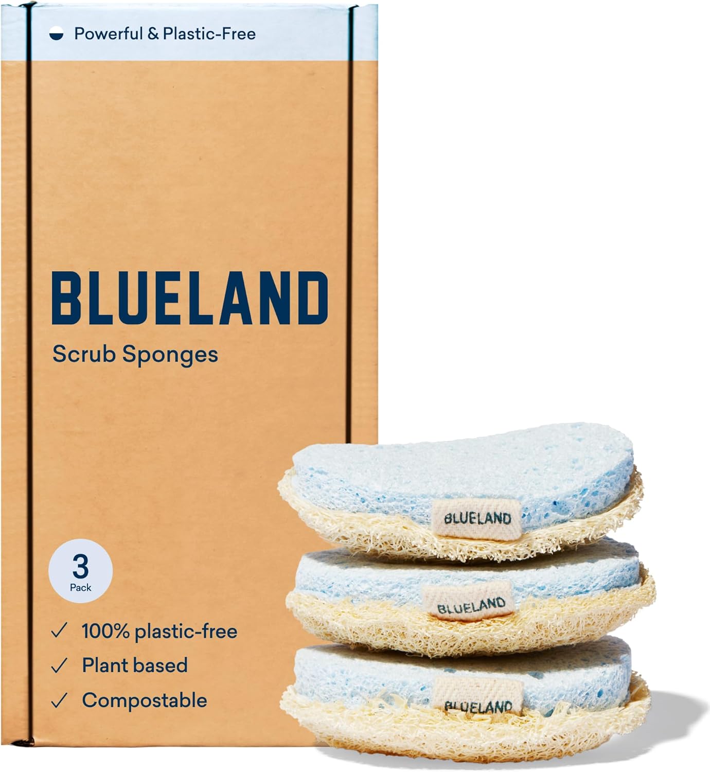 BLUELAND Scrub Sponge 3 Pack of DualSided Loofah Dish Sponges PlasticFree