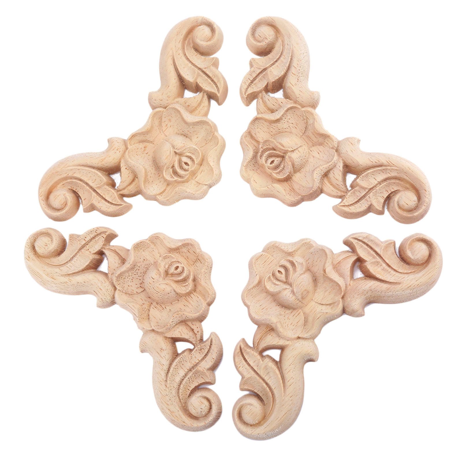 4Pcs Wooden Carved Rose Appliques Onlays, Unpainted Rose Carvings Decals for Cabinet Drawer Wall Headboard Dresser Mirror Pew Cupboard etc Furniture Decoration(8x8cm/3.15"x3.15")