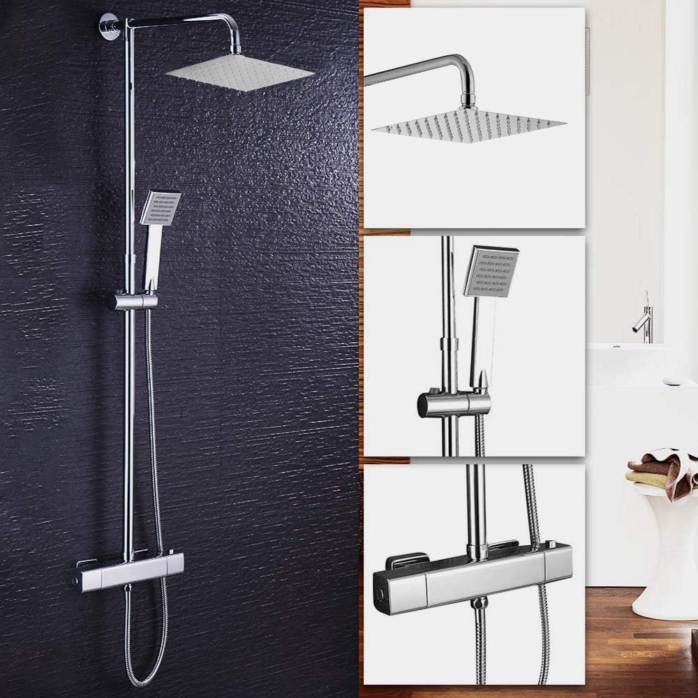 Bathroom Thermostatic Mixer Shower Valve with 200mm Square rain Fall Shower Shower Head and Hand Held Shower System