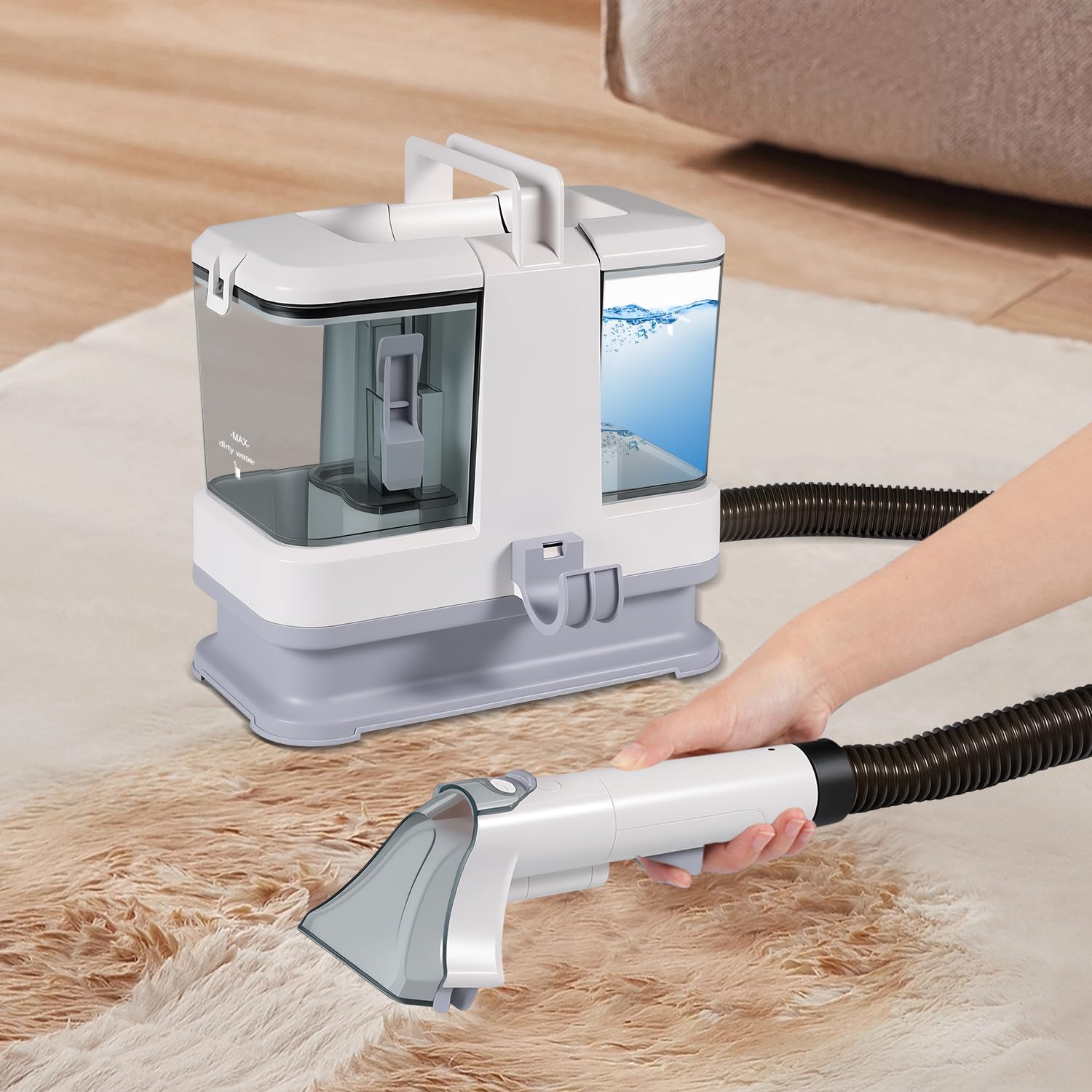 Limpiador de Tapicerias 400W,Aspirador Tapicerias con Agua con 4 Cabezales Intercambiables Depósito Extraíble, Succión 9 kPa. Para Sofás, Alfombras, Asientos de Coche y Pelo de Mascotas