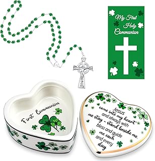 Quelay First Communion Rosary Gift Set Includes Catholic St Patrick Green Beads Irish Rosary with Metal Crucifix Porcelain Irish Shamrock Jewelry Keepsake Box and Holy Card for Prayer