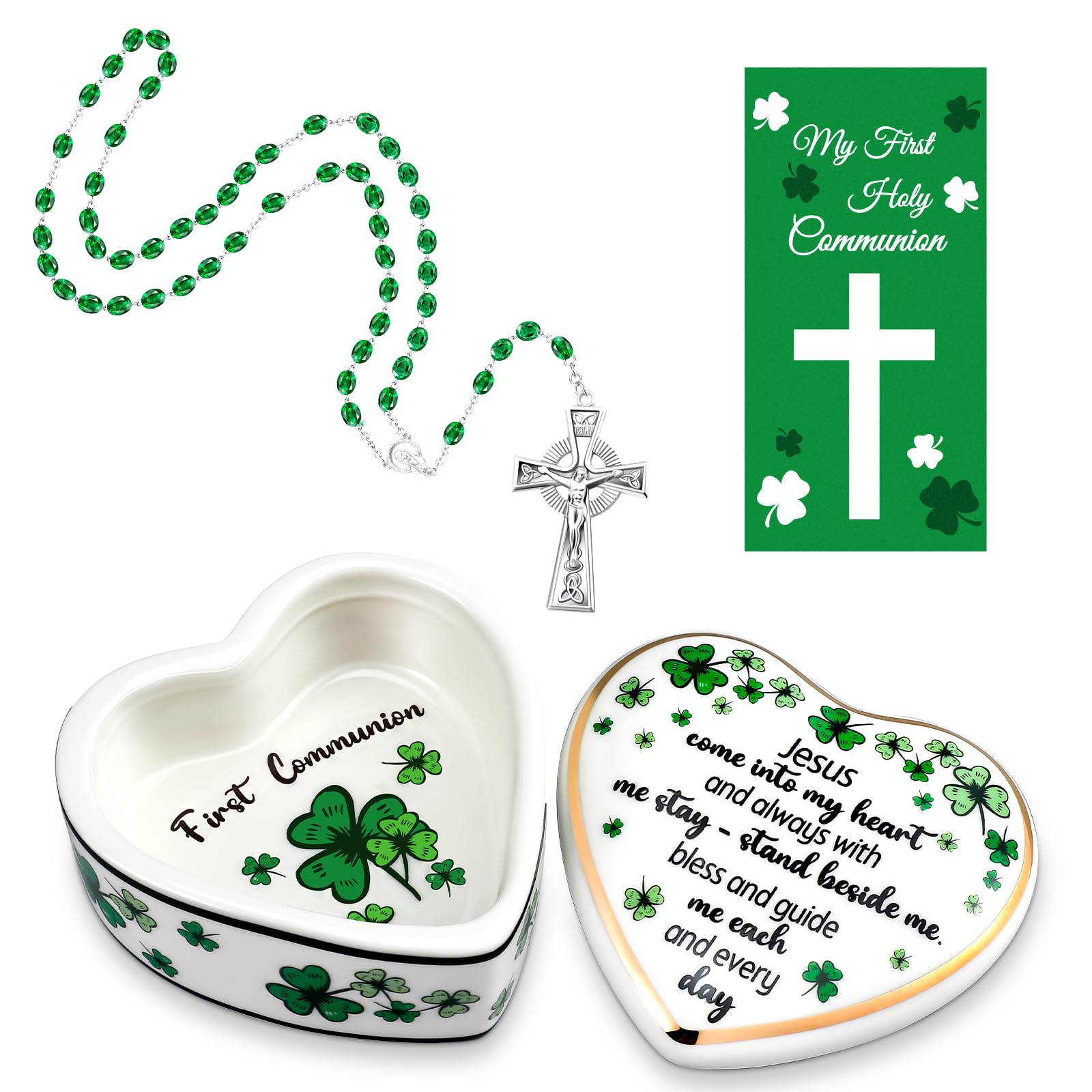 Quelay First Communion Rosary Gift Set Includes Catholic St Patrick Green Beads Irish Rosary with Metal Crucifix Porcelain Irish Shamrock Jewelry