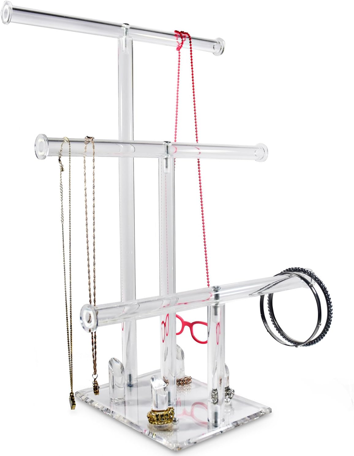 Ikee Design3-Tier Acrylic Bracelet Necklace Bangle Jewelry Display Holder Stand with Ring Holder for Store, Tradeshow, Showcase and Home decor, Clear, 10 W x 6 1/4 D x 14 1/2 H in