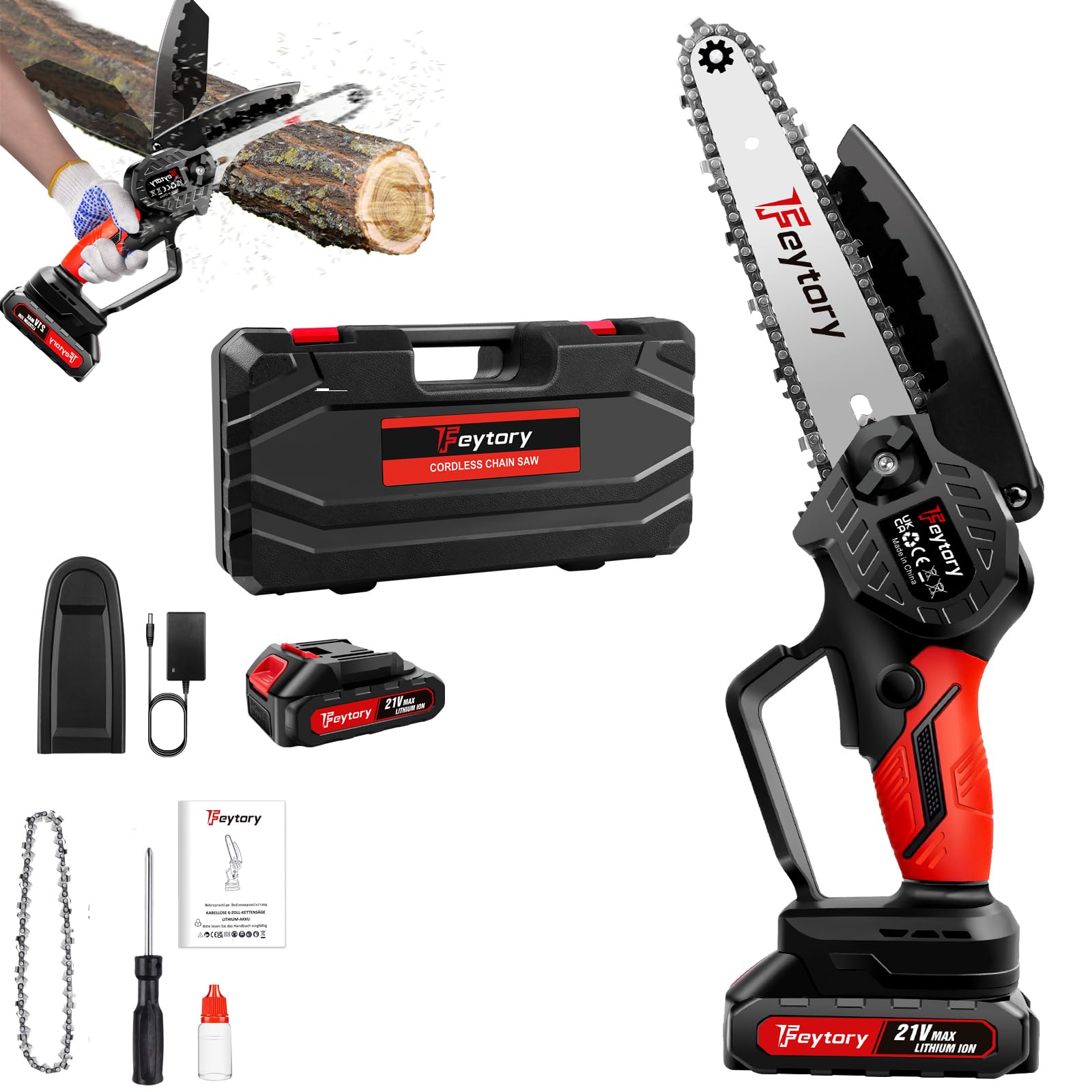 Mini Chainsaw Cordless 6-Inch Handheld Small Chain Saw with Battery & Charger, 21V Battery Powered Portable Electric Mini Chainsaw with Safety Lock for Courtyard Garden Household Tree Branch Trimming
