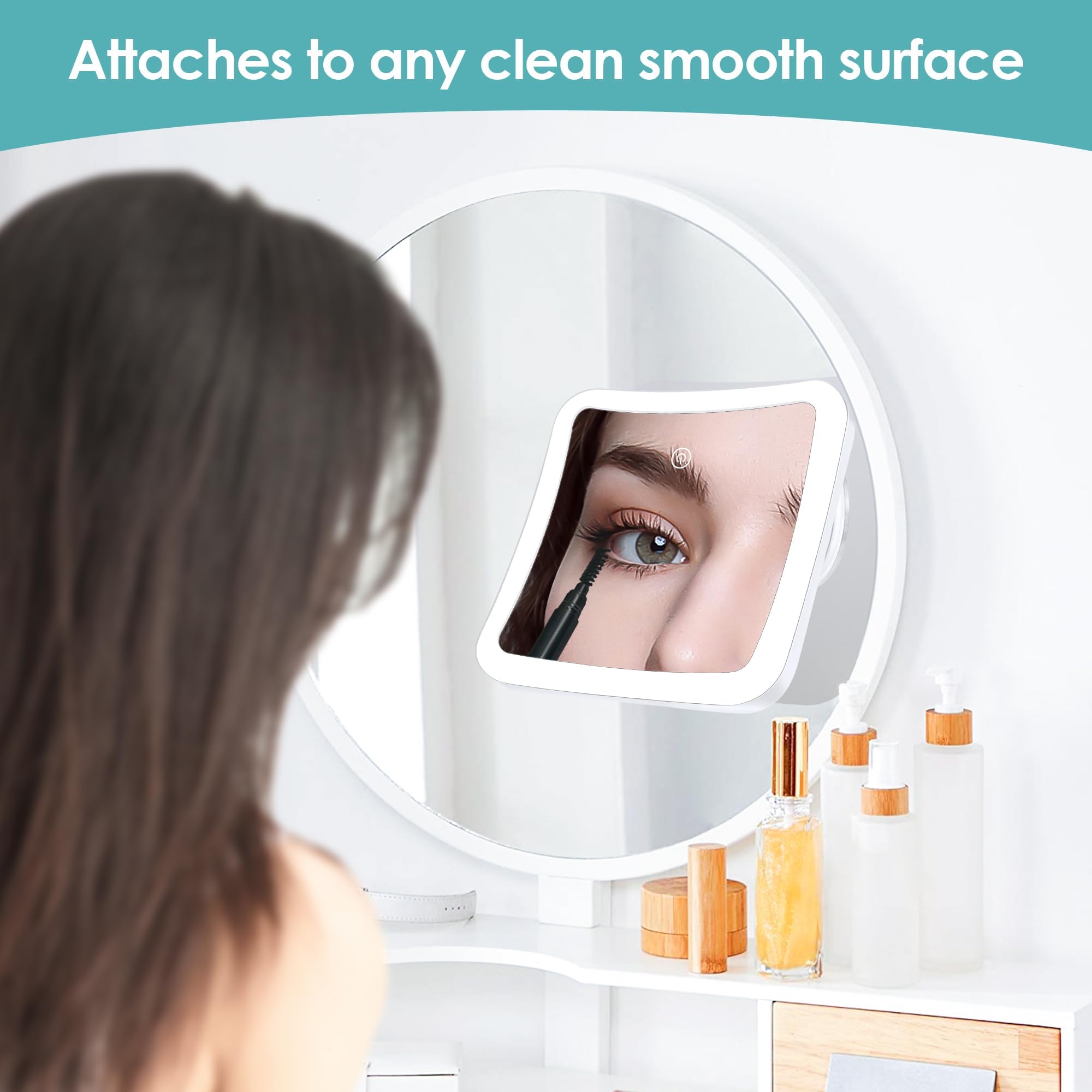 Miroir grossissant avec lumière, Miroir de Maquillage Lumineux grossissant 30x avec contrôle Tactile et Ventouse, Rechargeable, Rotation à 360°, Salle de Bain et Voyage, carré