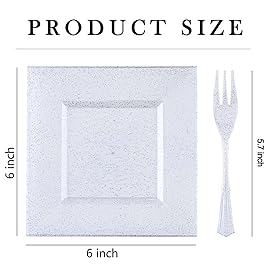 DaYammi 100Pcs Dessert Plates Set Including 50Pcs Cake Plates 6,50Pcs Plastic Forks 5.7,Silver Glitter Square Plastic plates for Wedding,Silver Dessert plates and Forks for Christmas Party Birthday