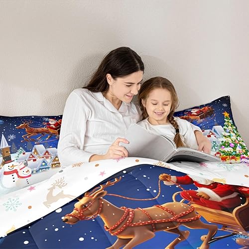 Miniatura 2 de Manfei Juego de ropa de cama de Navidad, tamaño matrimonial, diseño de muñeco de nieve, árbol de Navidad, Papá Noel con reno, juego de edredón de 3