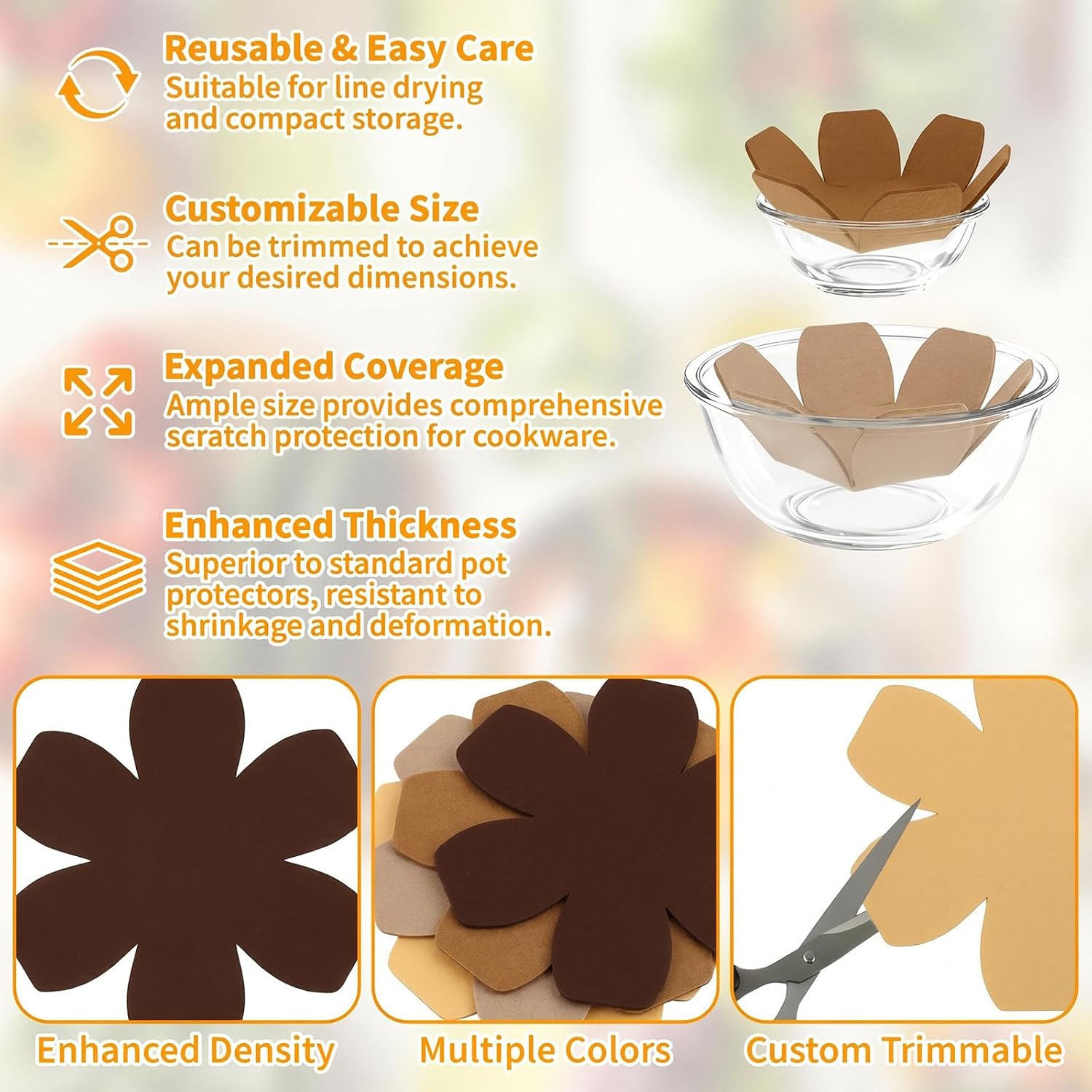 12 PCS Pot and Pan Protectors, 4 Colors(Brown tones) & 3 Sizes Thicker Felt Pan Protector Pads, Pot Separators for Stacking, Anti-Slip Dividers to Protect Glass Ceramic Plates Cookware from Scratching