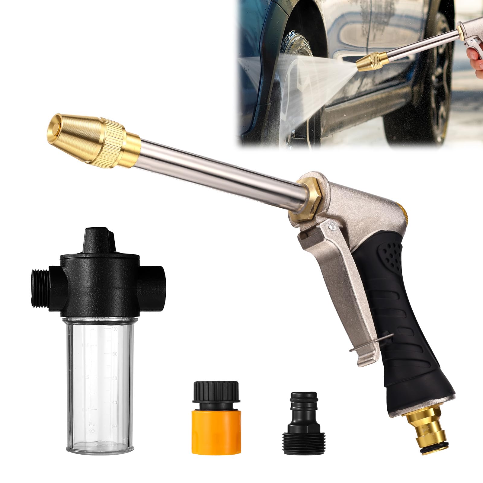 High-Pressure Hose Nozzle Gun for Car & Garden, Adjustable Spray Head Mode Car Washing Water Gun with Anti-Slip Handle & Quick Connector for Cars Washing Patio Cleaning Attachments Accessories Parts