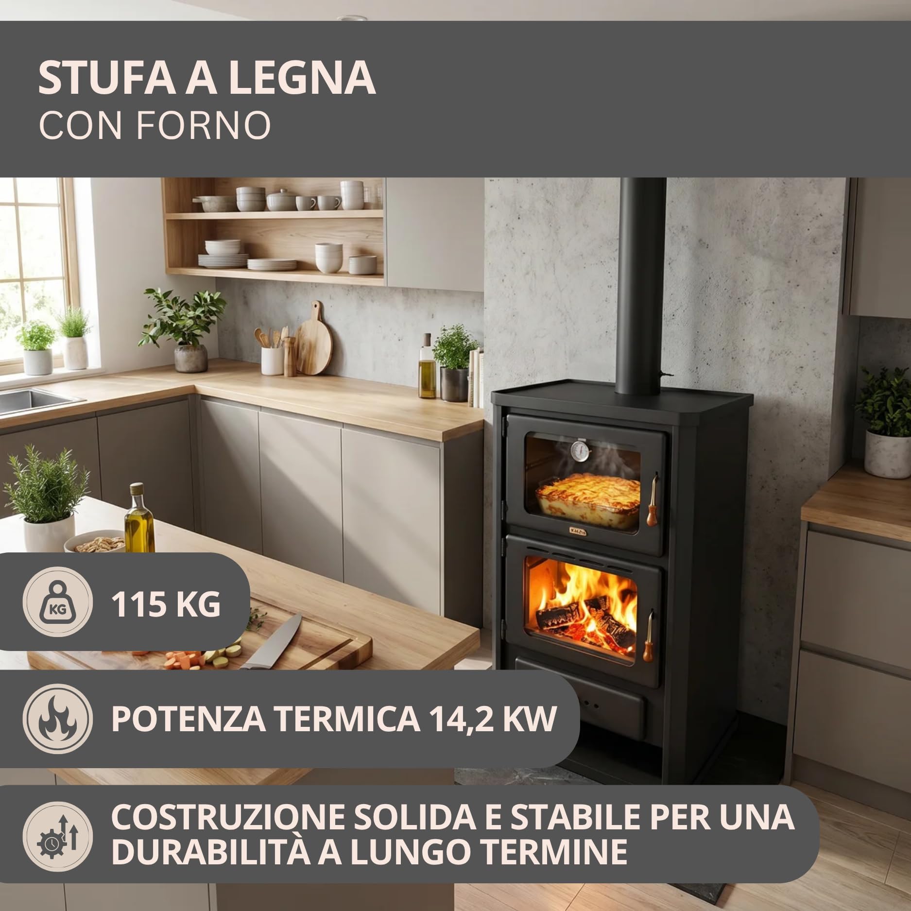 Prity FG Stufa a legna con forno | Piano cottura in ghisa | Certificazione CE | Fornello da cucina in fattoria | Conforme alla norma EN 13240