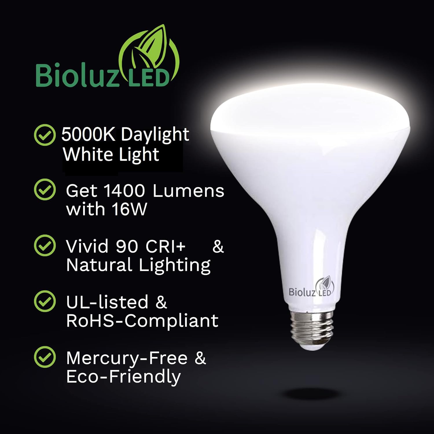 Bioluz 10 Pack Brightest BR40 LED Light Bulb - Instant ON Light Bulbs 16W = 120W Replacement 5000K Daylight 1400 Lumen Indoor & Outdoor Lighting LED Bulbs Smooth Dimmable Lamp UL Listed Lightbulb