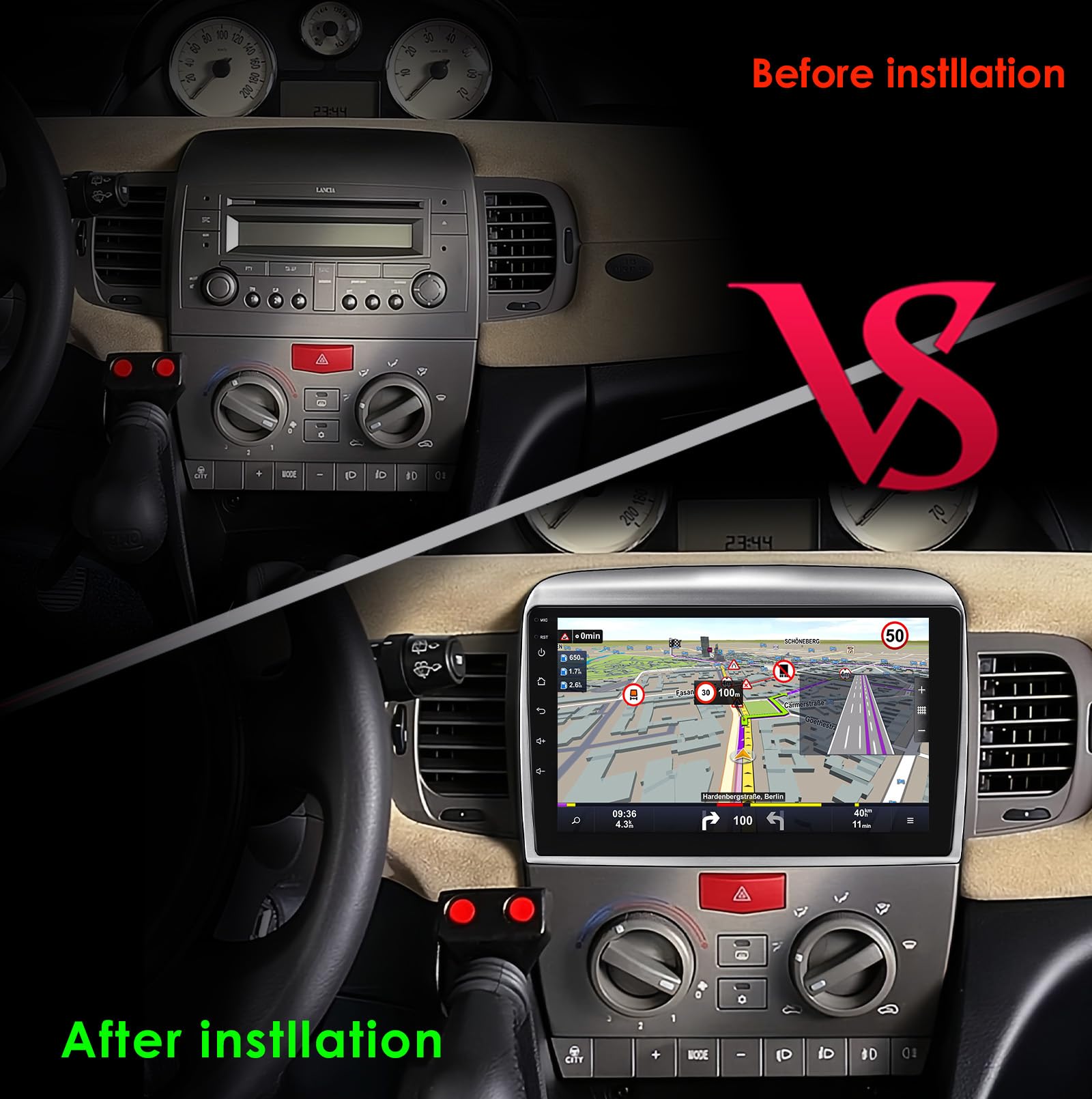 Ossuret radio samochodowe do Lancia Ypsilon (2006-2011), 9 cali Android 13 ekran dotykowy 2+32 GB nawigacja GPS z Carplay Android Auto WiFi Bluetooth sterowanie kierownicą DSP USB