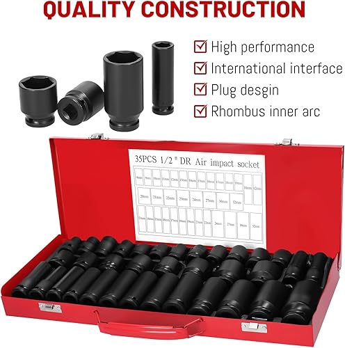 Miniatura 5 de Juego de llaves de impacto de 12 pulgadas, 35 piezas de zócalo profundo de 6 puntos, juego de llaves de impacto de 12 pulgada, tamaño métrico,