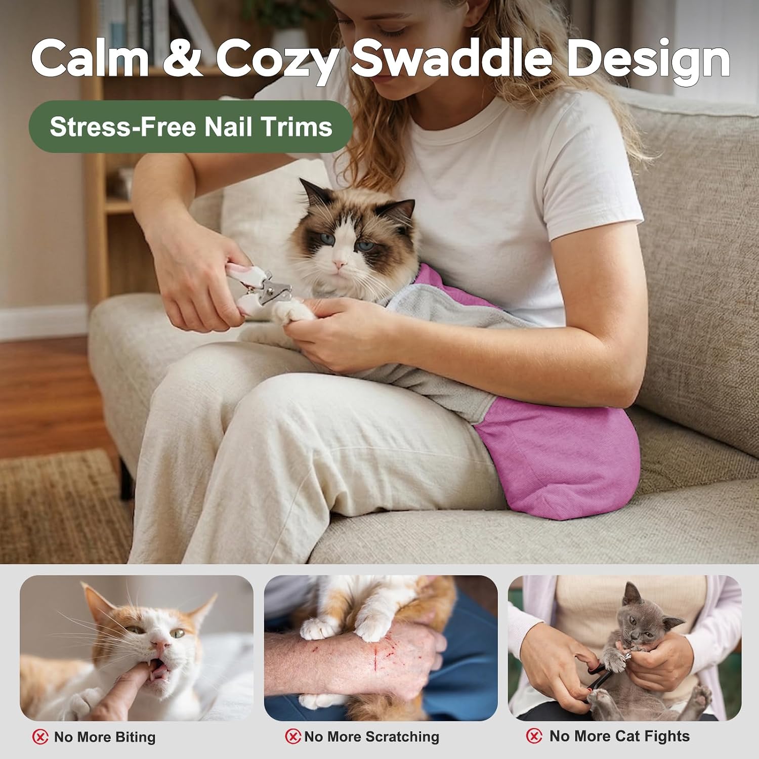 Cat Wrap for Cutting Nails, Self-Adhesive Cat Nail Clipping Restraint Bag, Anti-Scratch Cat Grooming Swaddle for Meds, SubQ Fluids, Ear Cleaning, Teeth Brushing & Vet Visits,Pinkish Purple,M
