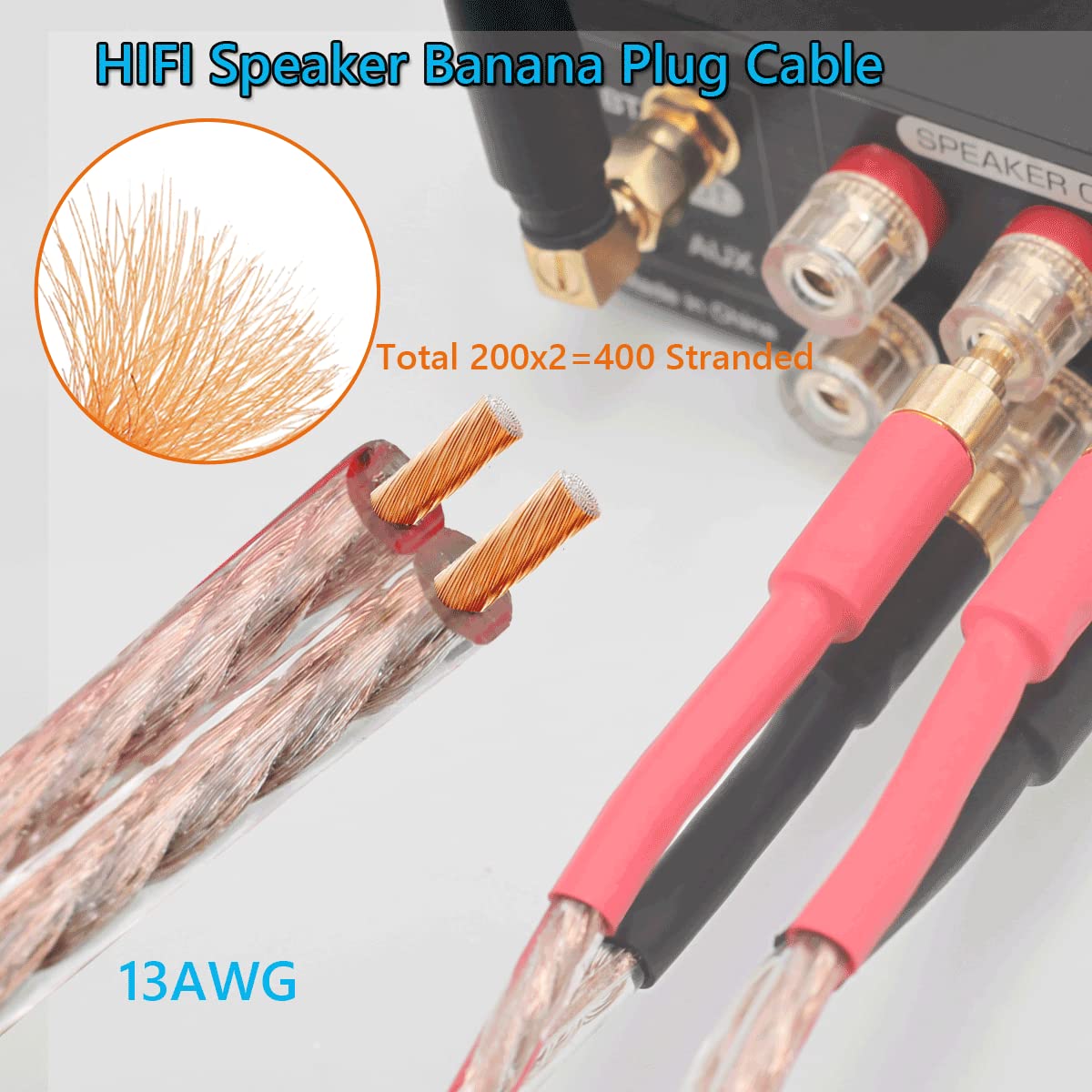Lot de 2 câbles d'enceinte de qualité audiophile 13 AWG avec double embouts banane pré-connectés plaqués or, fiche banane mâle vers mâle (4 m)