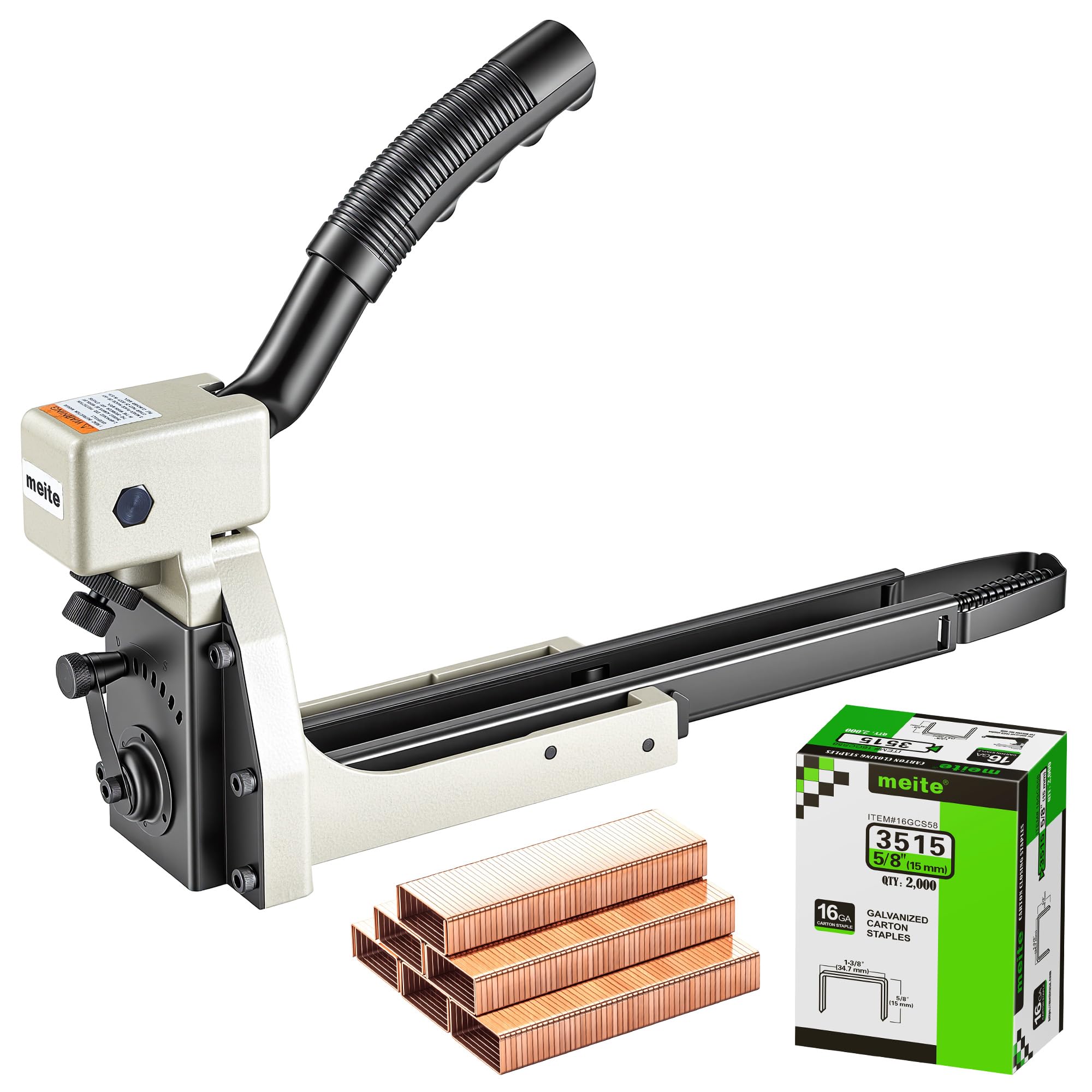 meite HB3515 Manueller Kartonhefter 16Ga mit 2.000 Klammern | 34,7 mm Rückenbreite, 15 mm Schenkellänge, Karton Verschlusshefter für Kartonverschluss und Wellpappkartons